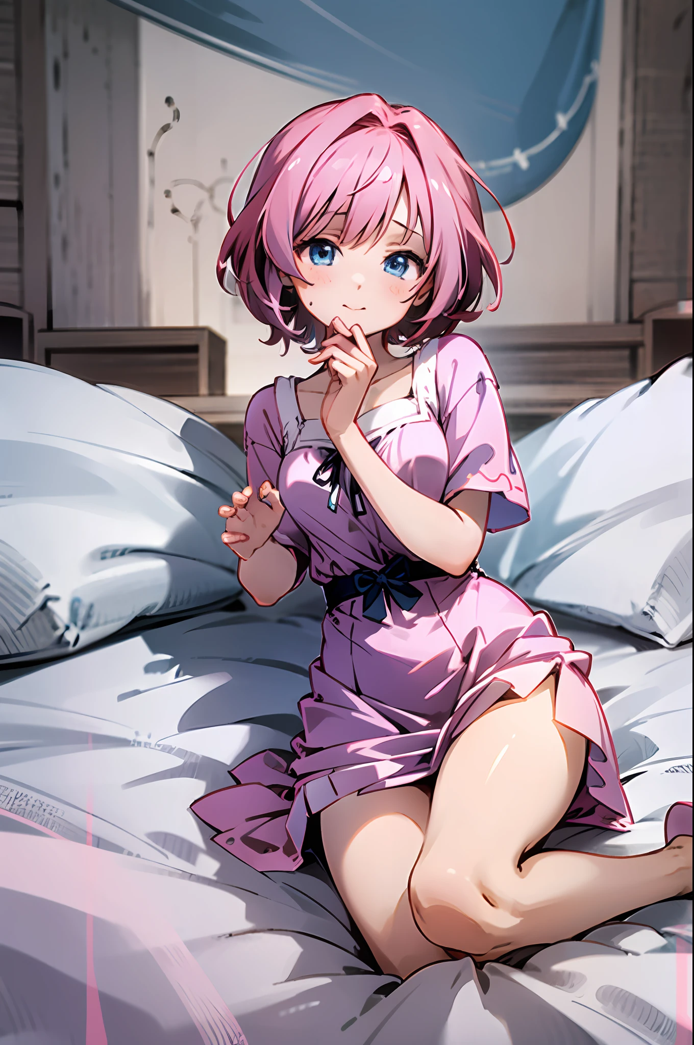 Anime girl with whitered short hair and blue eyes, wearing medieval pink white dress, laying on bed, medieval house, perfect face, cute face, ultrasharp, 8k, masterpiece, full body