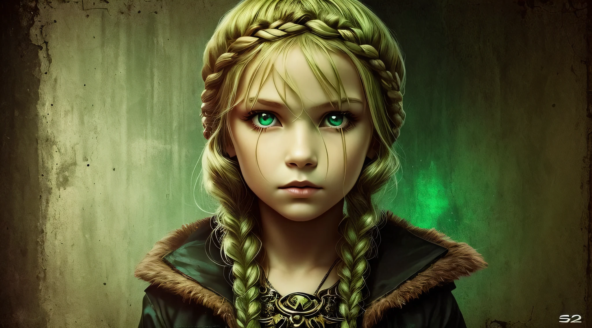 girl CHILD , Russian blonde in braids, retrato, com roupa de jaqueta de couro E VELAS ACESSAS, GOTHIC AND TERROR, green --auto --s2