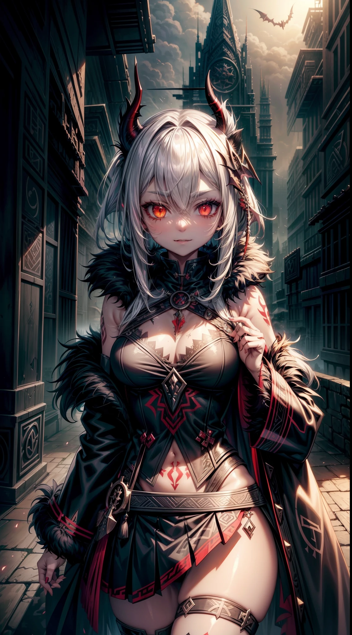 (savage, tribal)_vampire [white hair|black hair], bat fur, coat, tribal_(clothing, skirt), metallic reflections, rune_tatoo, tropical city ruins fog, 1girl, masterpiece, best quality, beautiful and aesthetic:1.2, fractal art:1.4