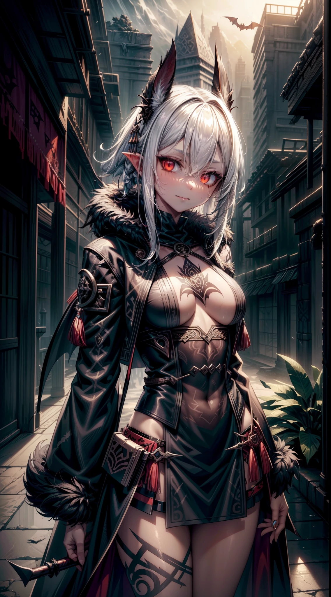 (savage, tribal)_vampire [white hair|black hair], bat fur, coat, tribal_(clothing, skirt), metallic reflections, rune_tatoo, tropical city ruins fog, 1girl, masterpiece, best quality, beautiful and aesthetic:1.2, fractal art:1.4