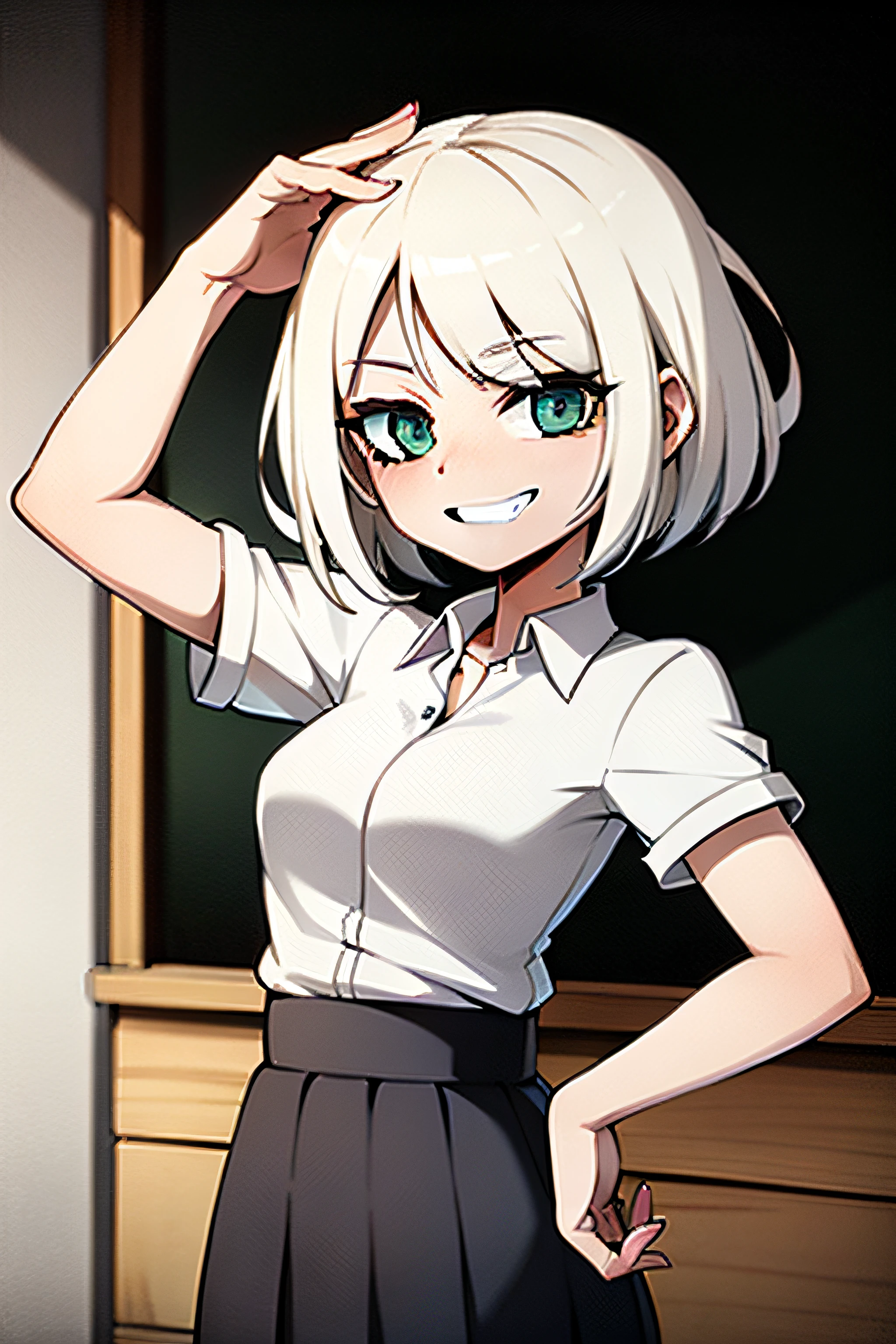 White hair,short detailed hair,White shirt for women,a black pleated skirt,grin face