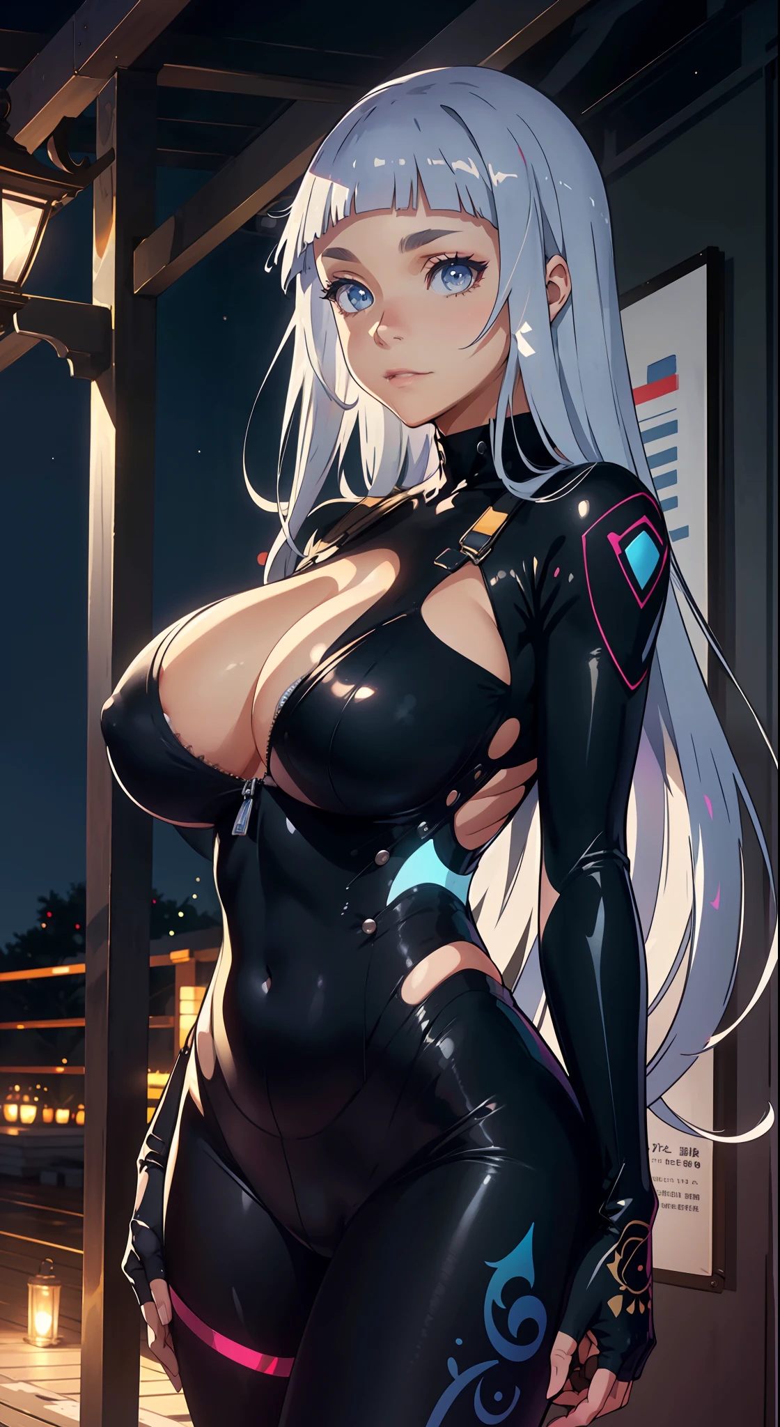 professional artwork, Intricate Details, field of view, sharp focus, detailed painting, photorealistic lighting, trending on pixiv, Standing at attention, sky blue bodysuit, tight bodysuit, ((huge breasts:1,3)), revealed skin, cleavage, bodysuit zip half opened, Beautiful body,Beautiful Nose,Beautiful character design, perfect eyes, perfect face, looking at viewer, NSFW,official art,extremely detailed CG unity 8k wallpaper, perfect lighting,Colorful, Bright_Front_face_Lighting, (masterpiece:1.0),(best_quality:1.0), ultra high res,4K,ultra-detailed, photography, 8K, HDR, highres, absurdres:1.2, Kodak portra 400, film grain, blurry background, bokeh:1.2, lens flare, (vibrant_color:1.2), shikkoku_yorihime, (seductive look, flirting, sexy), ((looking at viewer, front body pose))
