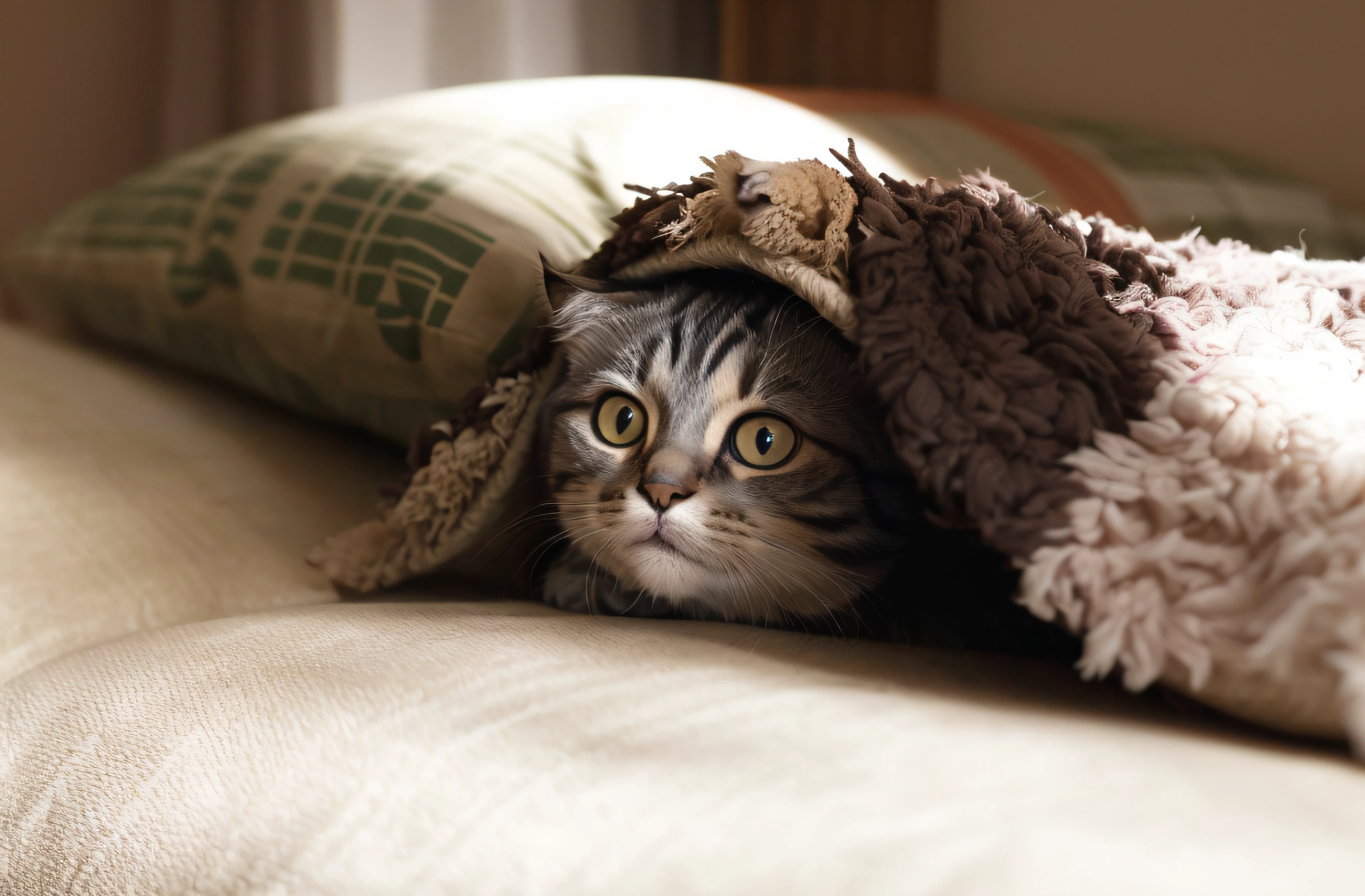 There is a cat that is hiding under a blanket on a sofa, enrolado sob as cobertas, Escondendo, foto de um gato, Dobra escocesa, foto de gato bonito, suave - quente, aconchegante sob um cobertor, um gato doente deitado em um quarto, gato bonito, coberto com cobertor, um gato bonito, Descansando, aw, foto do gato, um bonito