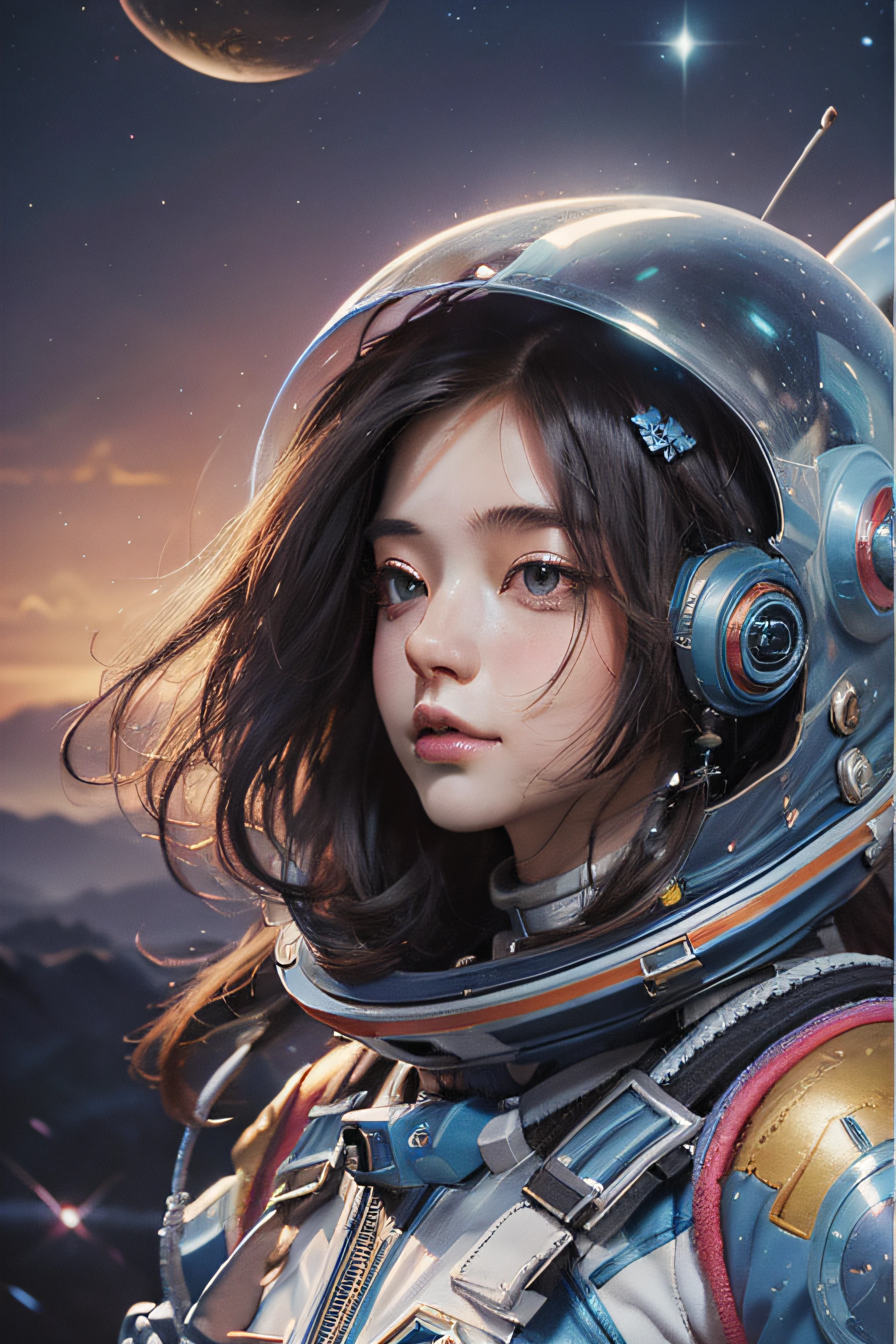 Digital drawing of a beautiful cute charming magical fantasy astronaut woman, Big colorful long hair on the helmet, with whole body visible, Tight astronaut suit, Stardust, Background galaxy, Ultra-high quality clarity, 32K, Women's HD, --AR 3:4 --s 750 --v 5.2