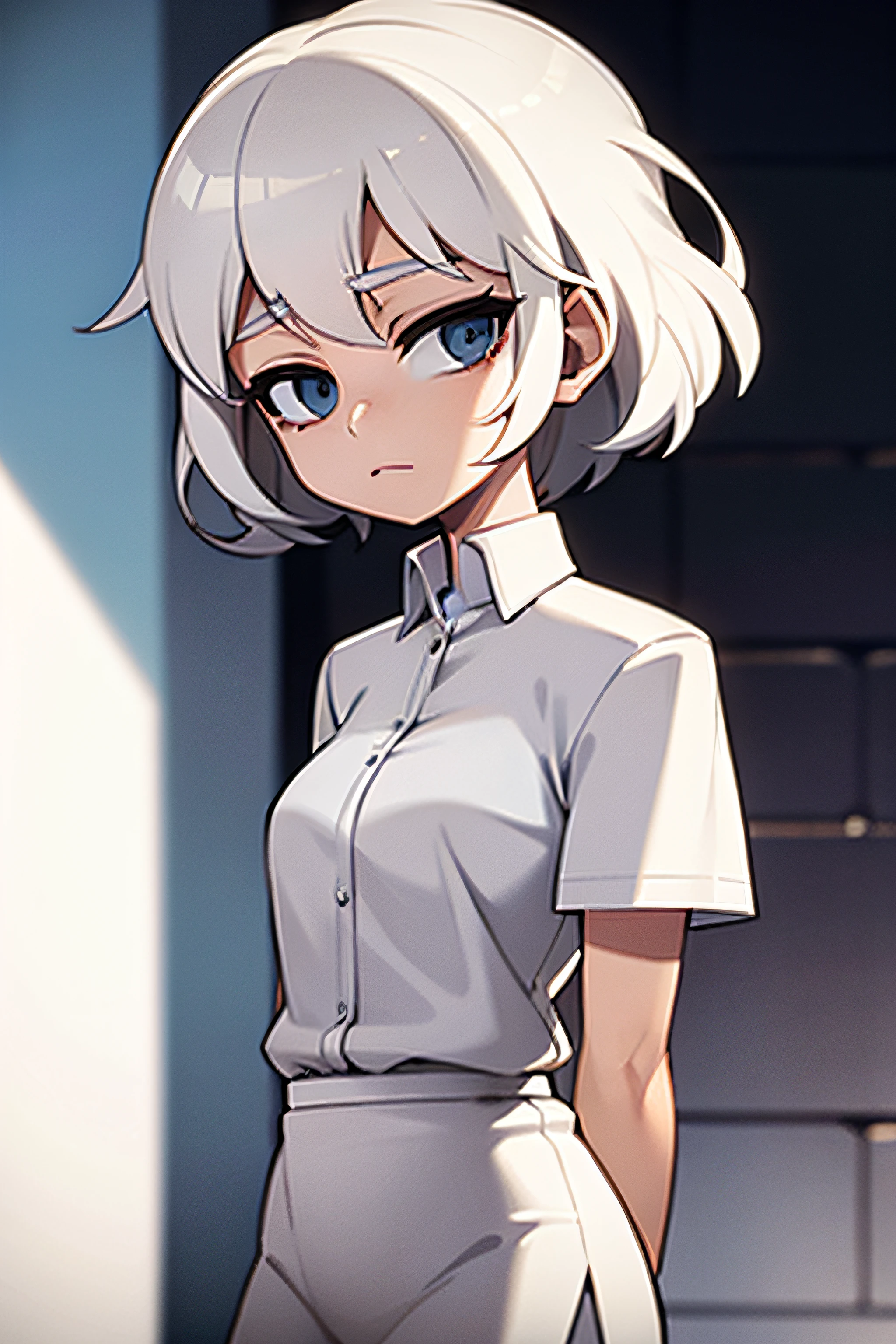 White hair,short detailed hair,White shirt for women,short skirt