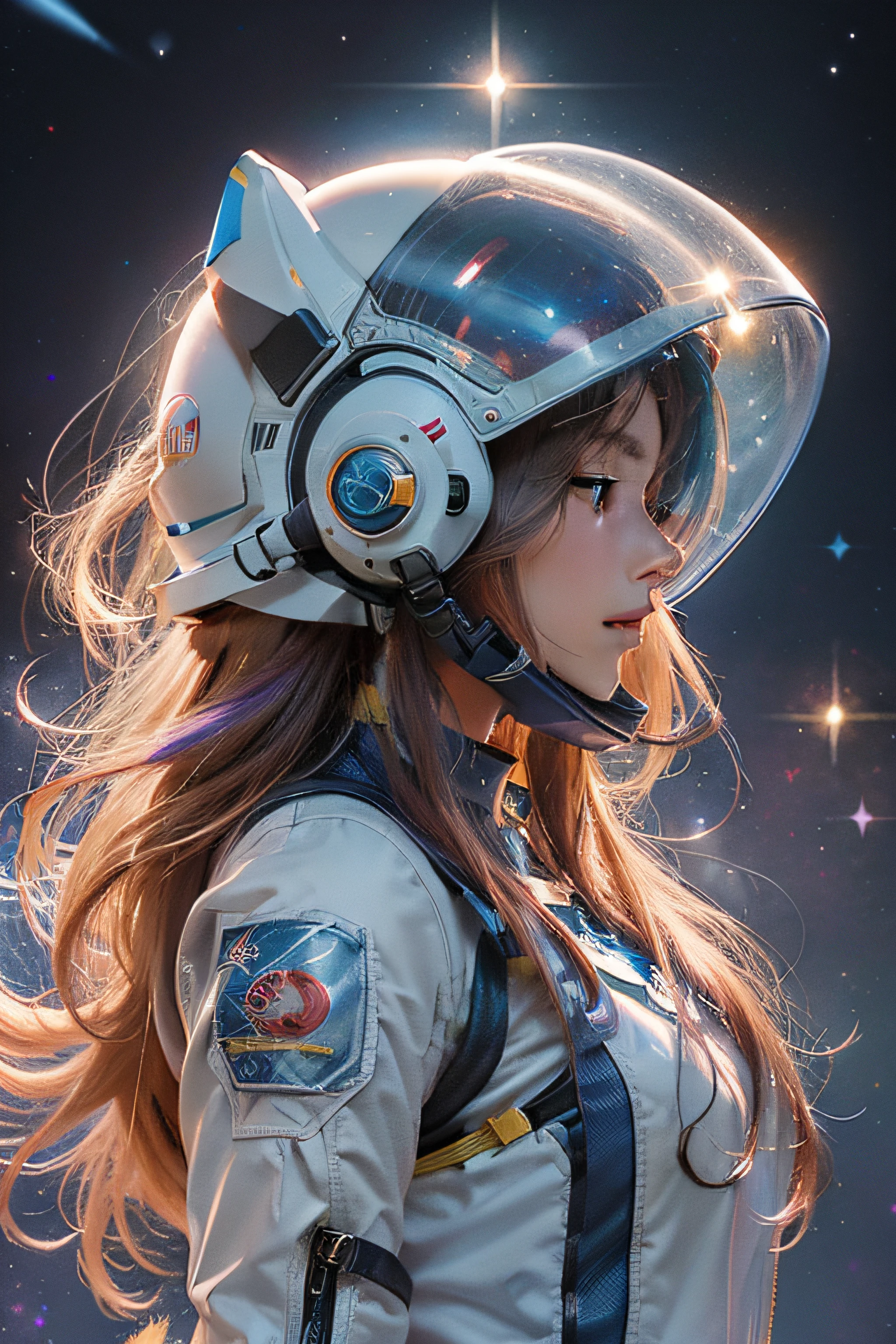 Digital drawing of a beautiful cute charming magical fantasy astronaut woman, Big colorful long hair on the helmet, with whole body visible, Tight astronaut suit, Stardust, Background galaxy, Ultra-high quality clarity, 32K, Women's HD, --AR 3:4 --s 750 --v 5.2