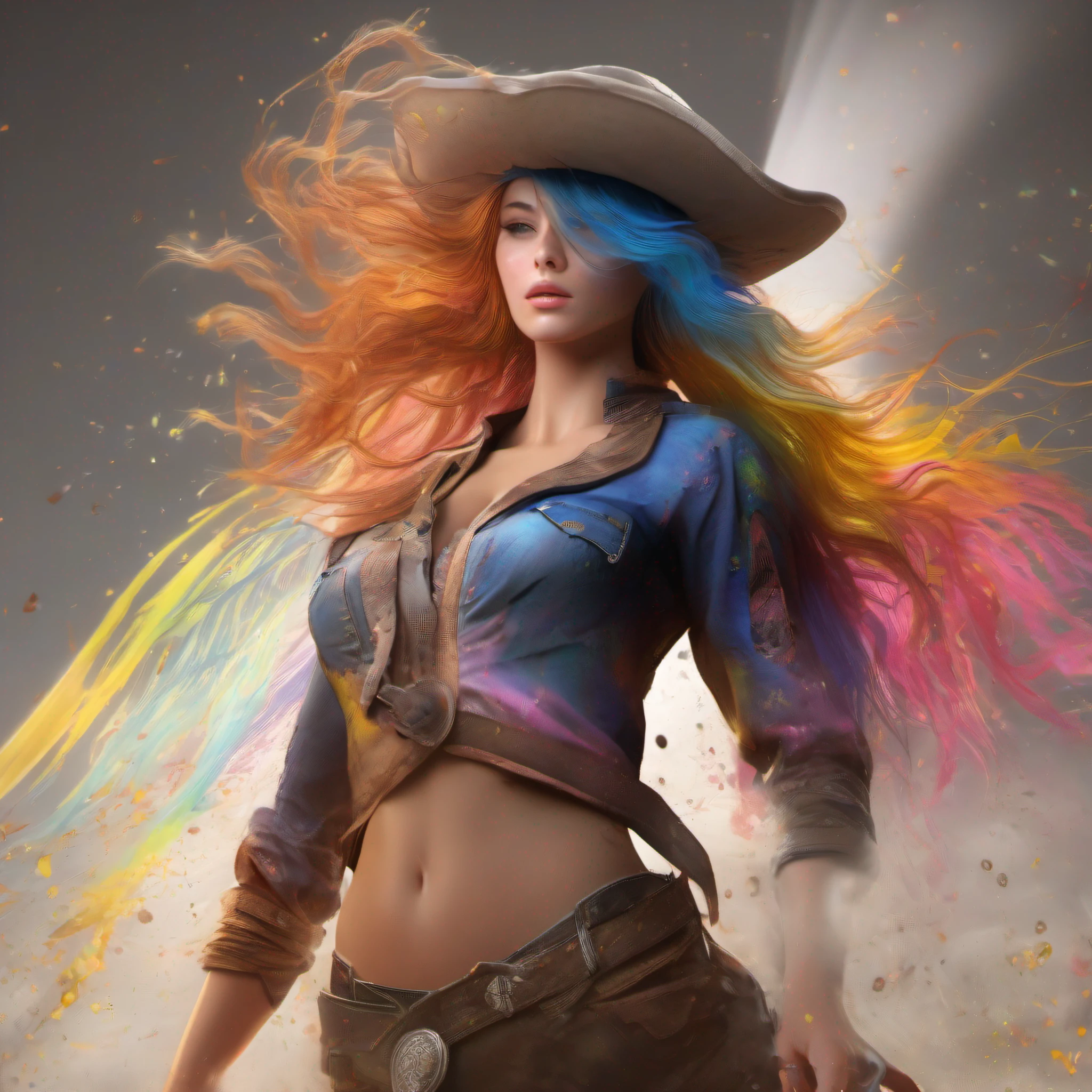 8k, RAW photo, realistic, photo-realistic, hyper-realistic, highest quality, best quality, masterpiece, highly detailed, absurdres,
masterpiece, best quality, (extremely detailed CG unity 8k wallpaper, masterpiece, best quality, ultra-detailed, best shadow), (detailed background), (beautiful detailed face, beautiful detailed eyes), High contrast, (best illumination), 1girl, Australian, multicoloured hair, beautiful, ((colourful paint splashes on transparent background, dulux)), ((caustic)), dynamic angle,beautiful detailed glow,full body, cowboy shot,