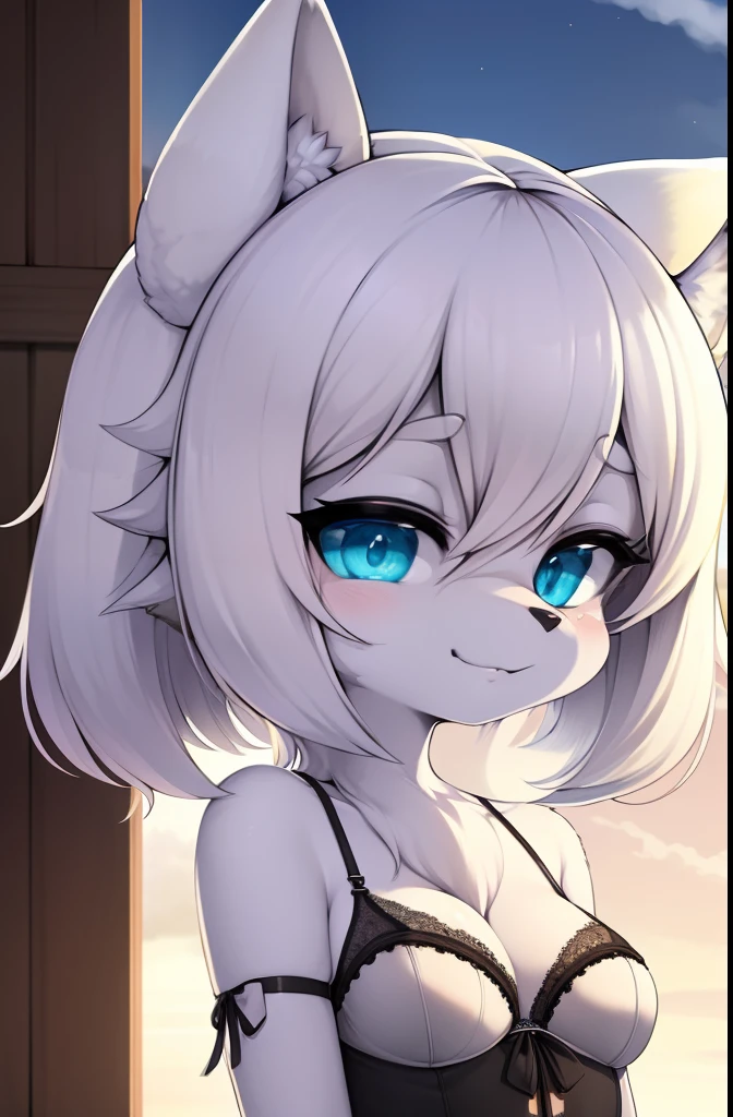 (furry:1.2), foco no corpo, medios belas luzes e sombras, cabelo branco curto, olhos azuis, pelo branco fofo, ajoelhada no chao, lingerie rendada, envergonhada, cauda fofa, fundo de quarto fofo