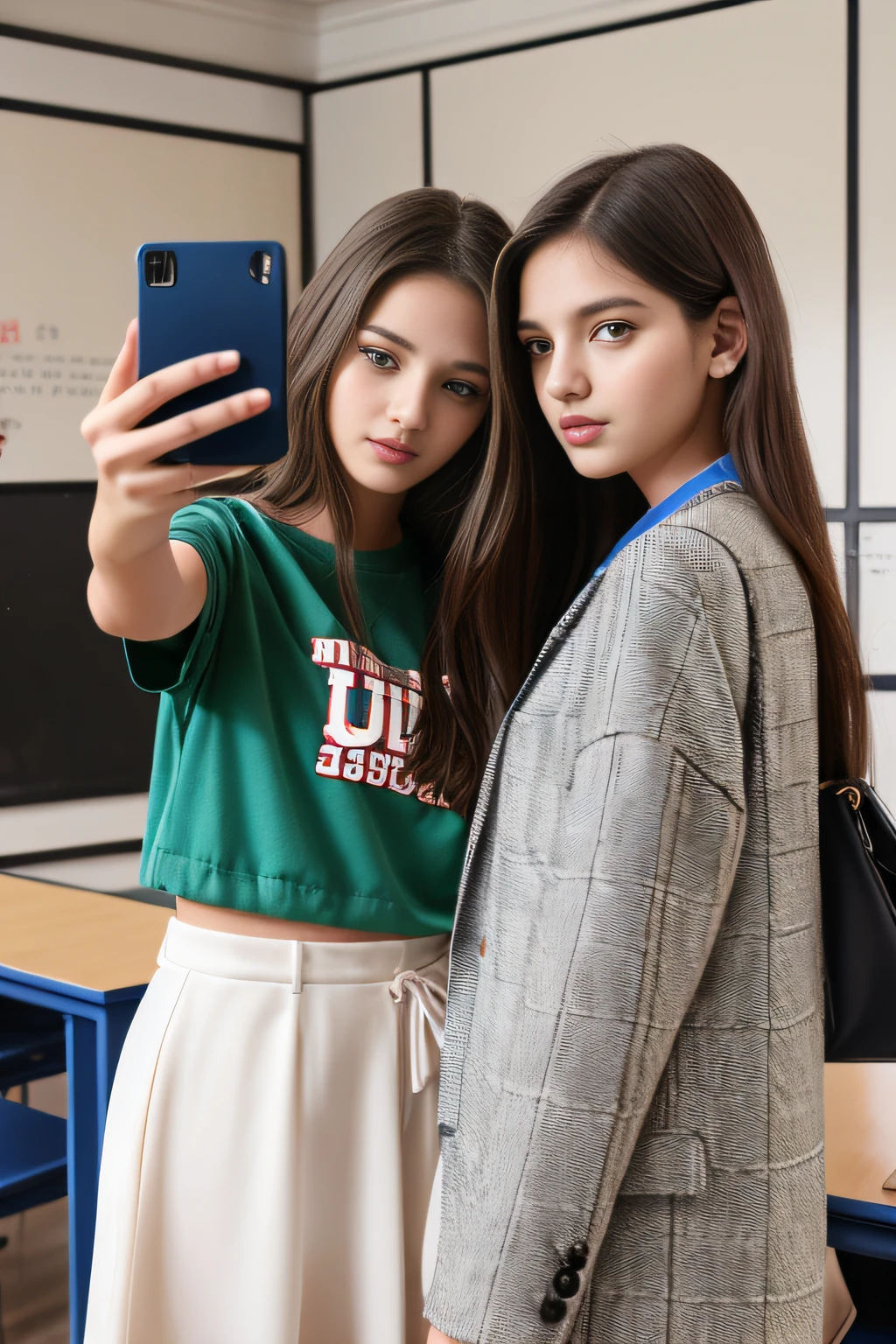 college girls, taking a selfie,2girl,selfie, expensive clothing, 4k, ultra res, high res, cute girl, realistic, hyperreal, ultra realistic, 8k,nice clothes, classroom, in front of the college, 2 girls, friends, having fun, friendgroup, instagram