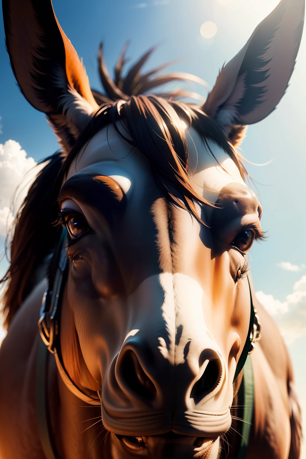 Donkey looking up at the sky with extremely specific gaze and reflecting a bright light, (obra-prima) (8k high resolution) (melhor qualidade) (Ultra Definition) (Ultra realista)(Foto RAW) (Foto realista) (bright illumination)