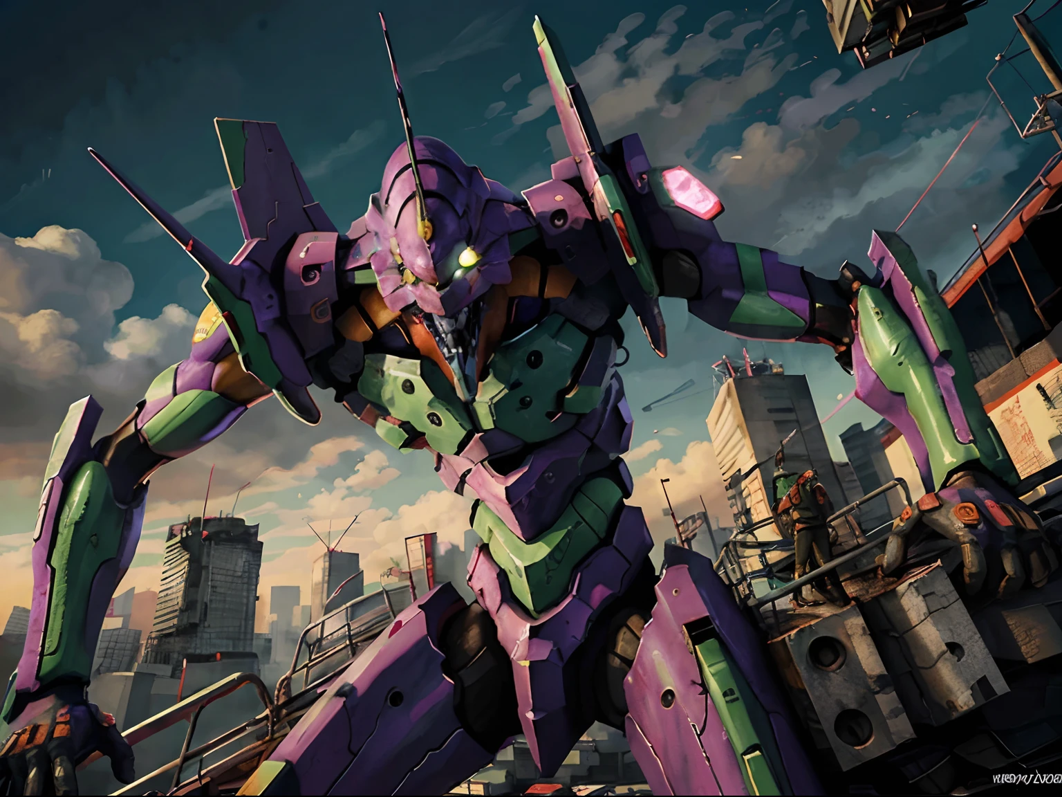 eva 01,battle ship ,evagod,evangelion mecha, science fiction, looking at viewer, (official art, Best quality, masterpiece:1.2), illustration, high res, beautiful abstract background, Futurism, cyberpunk, intense angle, close-up