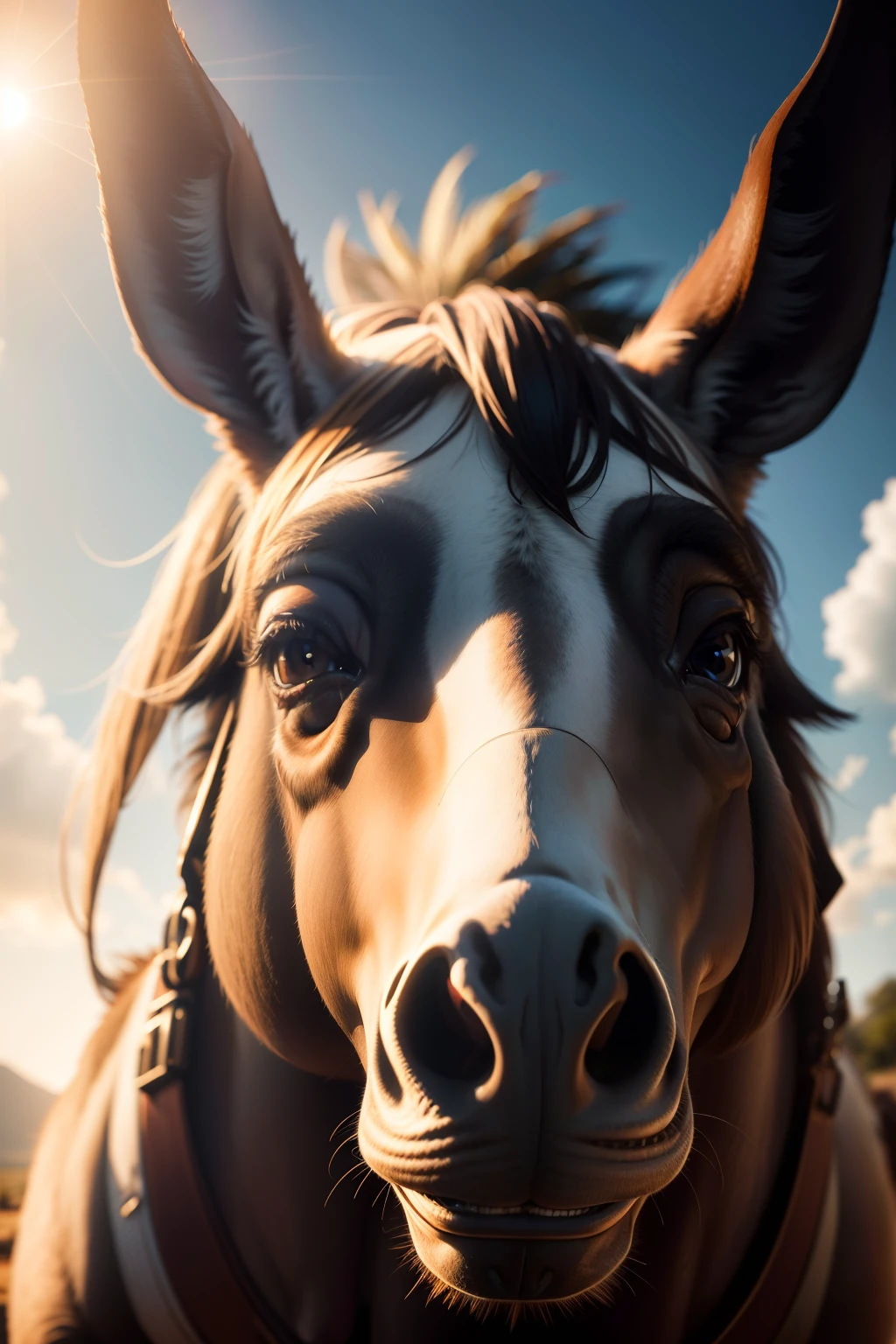 Donkey looking up at the sky with extremely specific gaze and reflecting a bright light, (obra-prima) (8k high resolution) (melhor qualidade) (Ultra Definition) (Ultra realista)(Foto RAW) (Foto realista) (bright illumination)