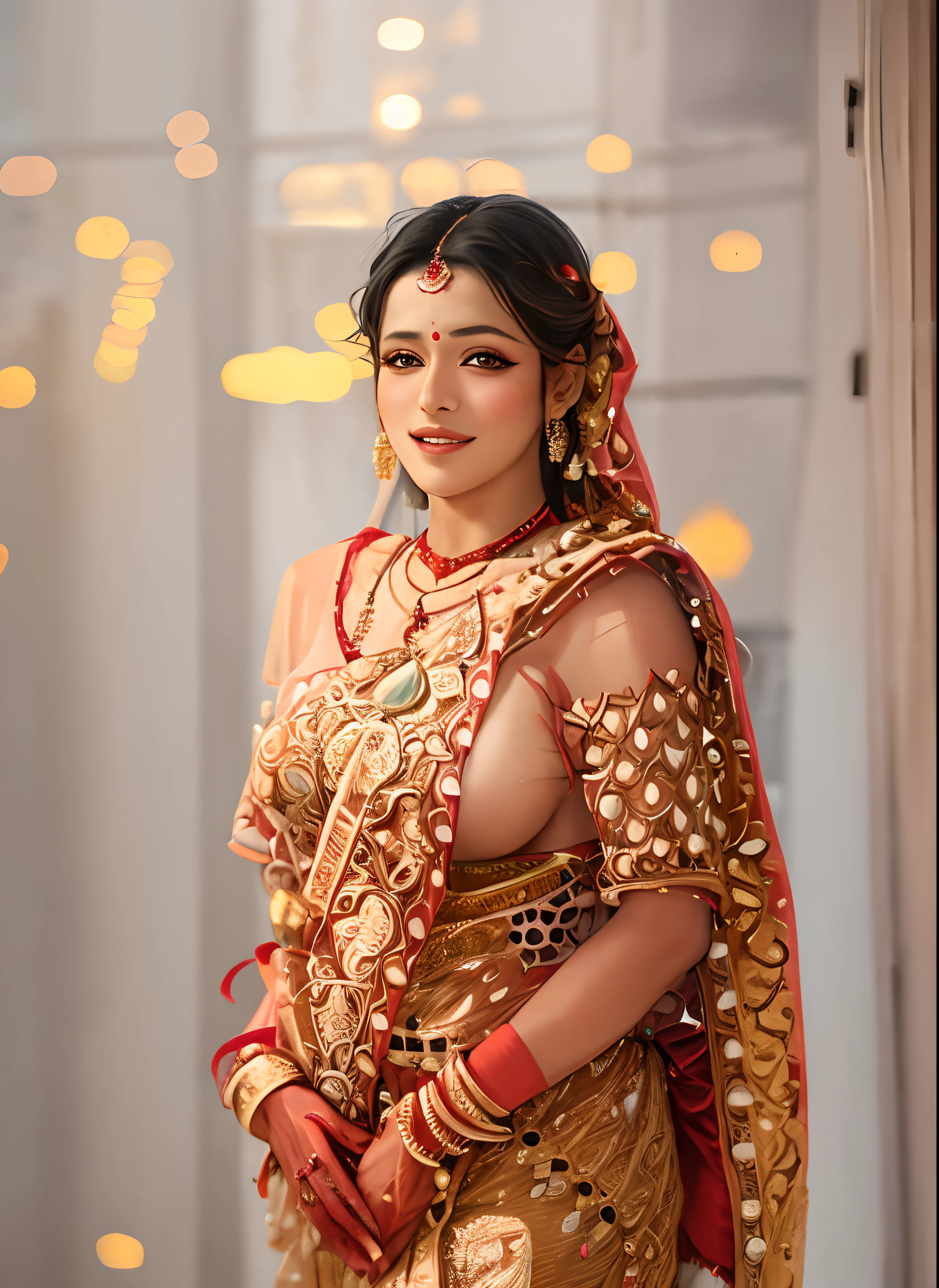 bride in traditional indian dress posing for a portrait, wearing bihu dress mekhela sador, high quality, detailed. indian bride