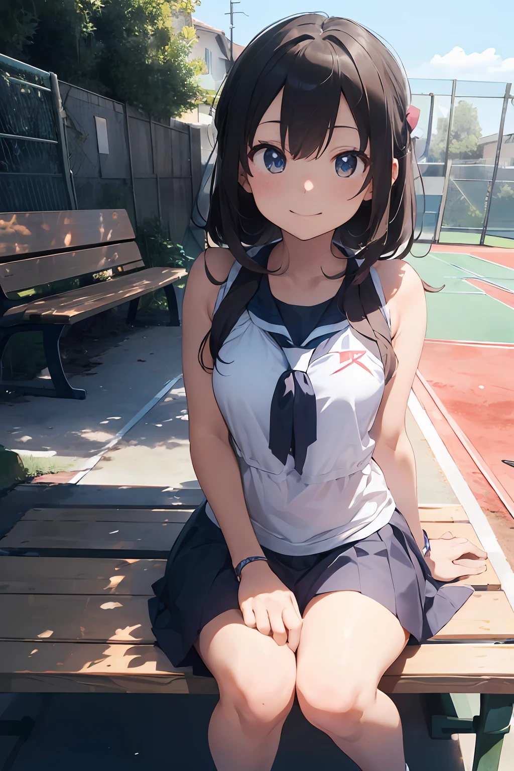 masutepiece, Best Quality, 8K_Wallpaper, (Beautiful eyes), ((Cute)), Cute, (lovely), (Tennis court on a sunny day),1girl in,small tits,1 schoolgirl,Standing next to the car,Smile,facial close-up、portlate(((tennis coat)))(((Tennis Wear)))(((Sit on a bench and relax)))