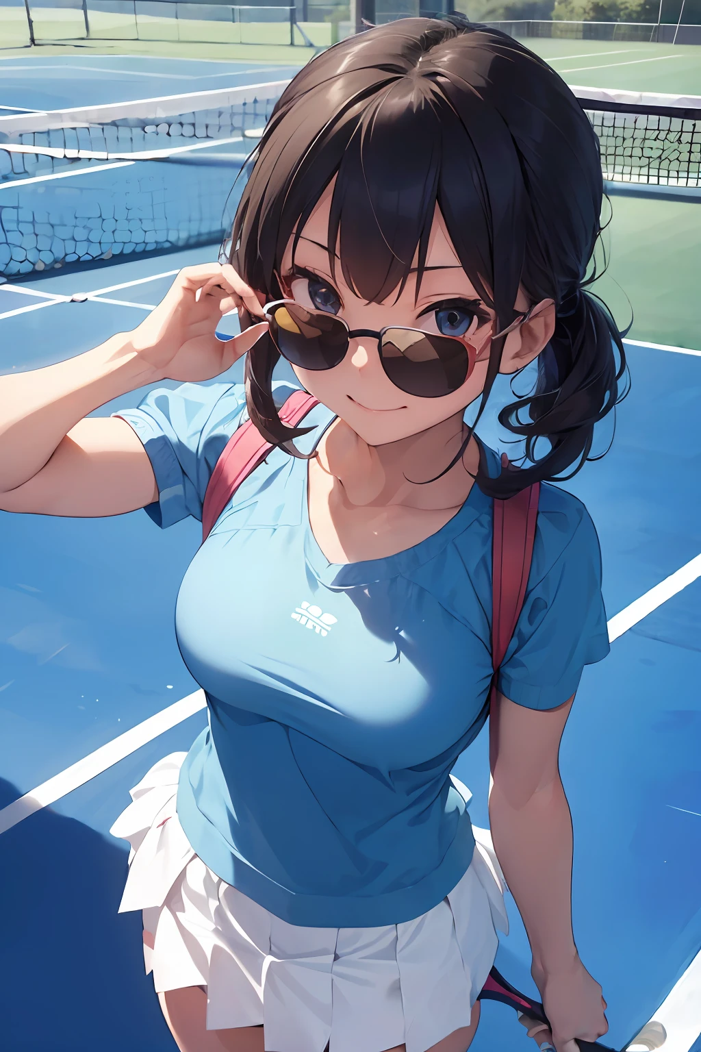masutepiece, Best Quality, 8K_Wallpaper, (Beautiful eyes), ((Cute)), Cute, (lovely), (Tennis court on a sunny day),1girl in,small tits,1 schoolgirl,Standing next to the car,Smile,facial close-up、portlate(((tennis coat)))(((Tennis Wear)))(((Wearing sunglasses)))