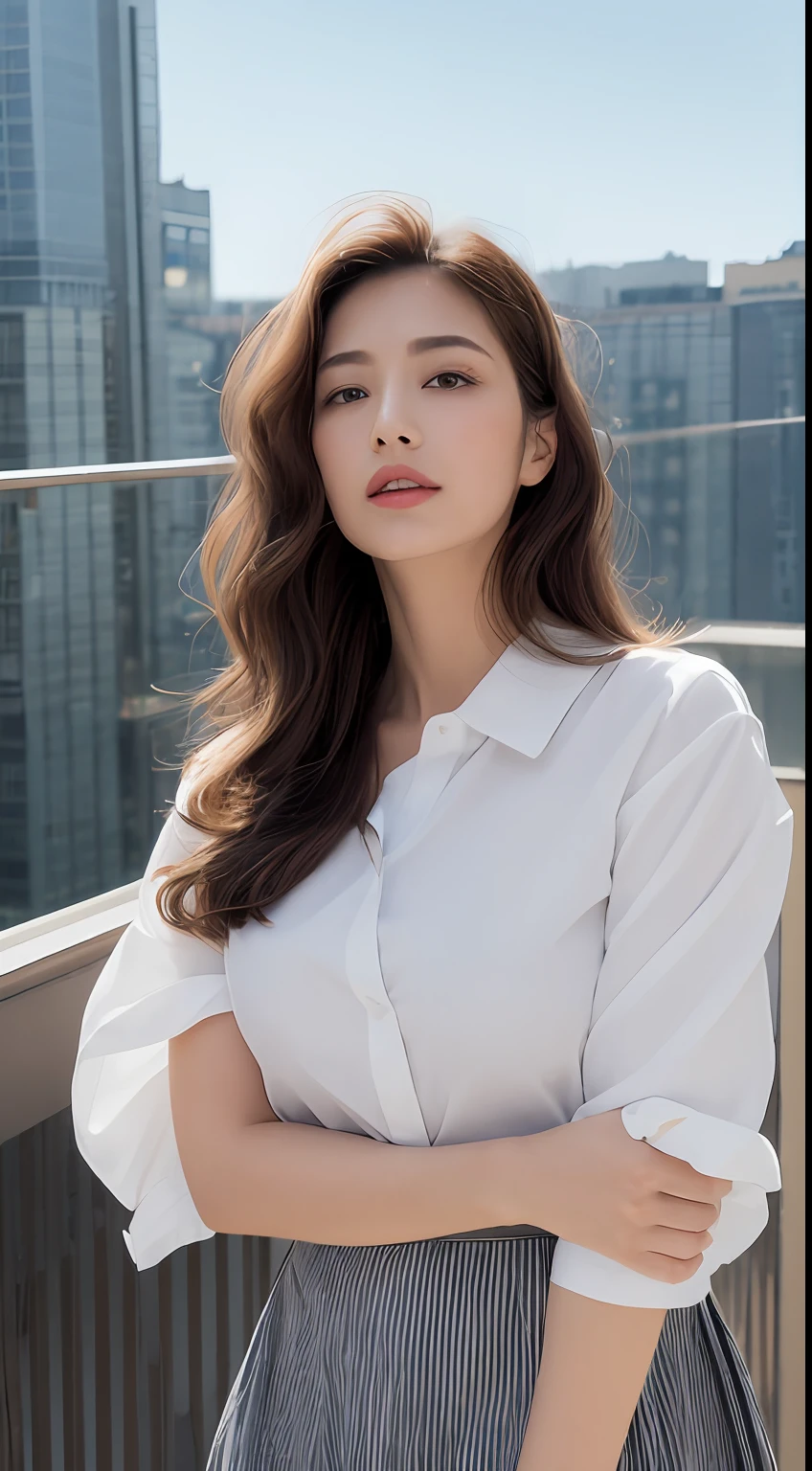 (top-quality、hight resolution、masterpiece:1.3)、A tall and pretty woman、Slender abs、Dark brown hair styled in loose waves、breastsout、White button-up shirt、Black pleated skirt、(Modern architecture in background)、Details exquisitely rendered in the face and skin texture、A detailed eye、二重まぶた There is hair in the