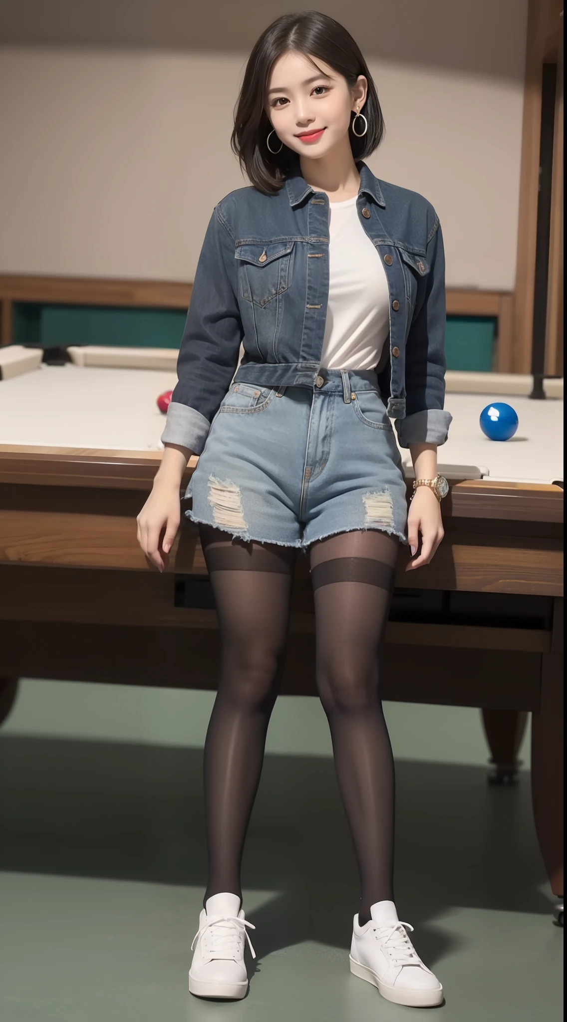 (One student 1.5),(true to life,Photorealistic 1.5),((best qualtiy, 8K, tmasterpiece:1.3)),SLR camera (二重まぶた,largeeyes:1.3),(smile1.5),(Full body photo 1.5)(One person 1.5)Clear focus 1.2, Perfect body beauty:1.4 , Delicate skin1.1,(Short black hair 1.6),(Fashion watch 1.4),(Pure desire 1.3)(Black pantyhose 1.5)(The leg length is one meter two,1.5),White shirt,tiese,denim short,canvas shoe,With earrings,bangle,Pool table,