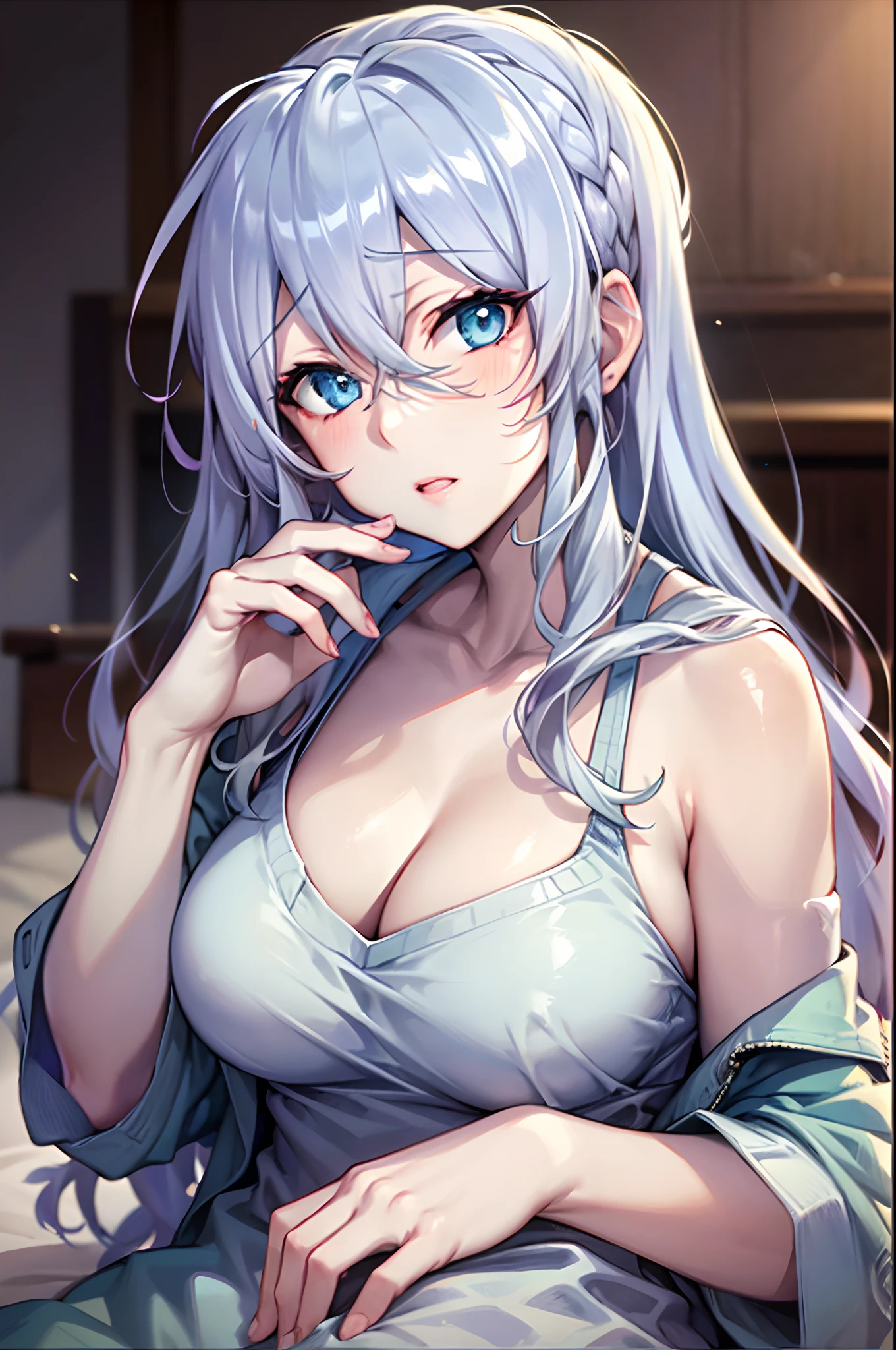 Yukino, in bed, silver hair and  blue eyes, light shirt and no bra, anime visual of a cute girl, screenshot from the anime film, & her expression is solemn, in the anime film, in an anime, anime visual of a young woman, she has a cute expressive face, still from anime, big breast, red cheek, lustful face, fair skin