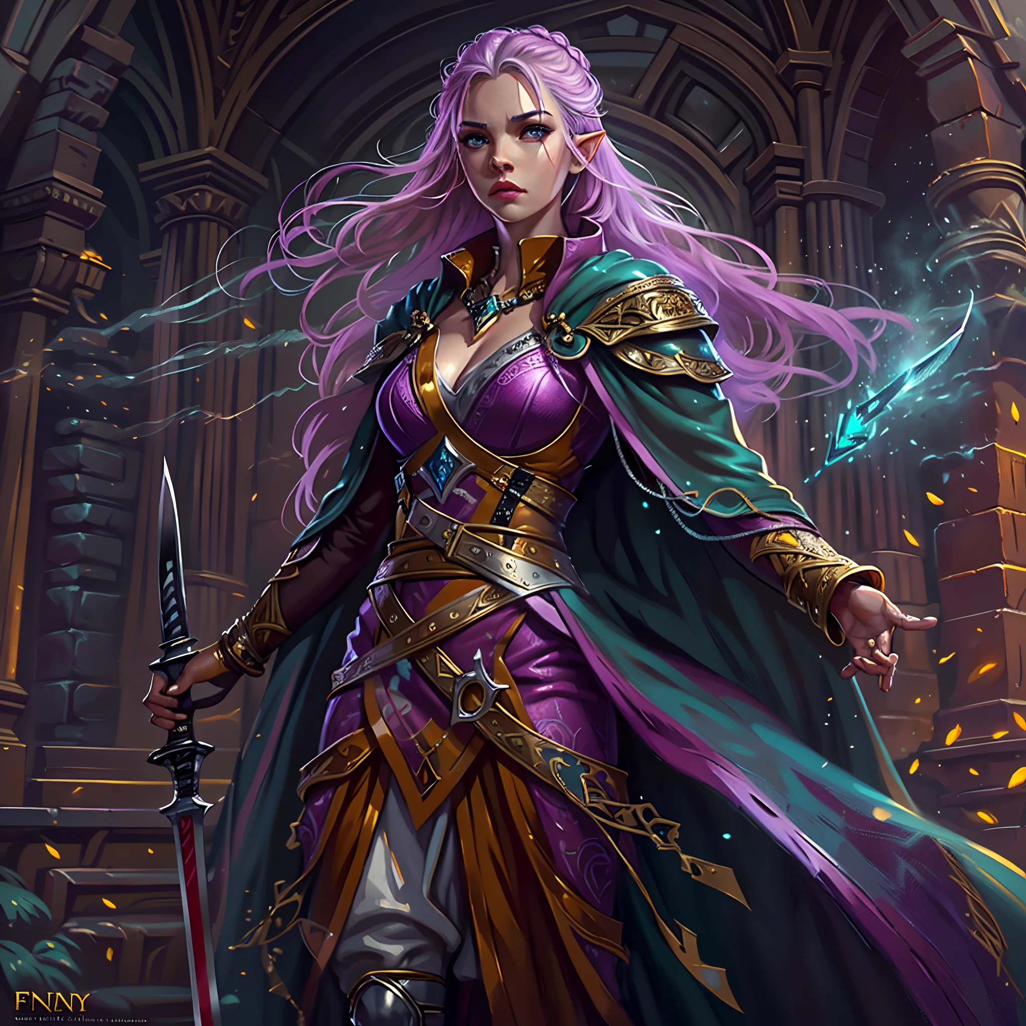 a picture of a female elf (intense details, Masterpiece, best quality: 1.5) fantasy swashbuckler, fantasy fencer, armed with a slim sword, shinning sword, metallic shine, colorful clothes, an ultra wide shot, full body (intense details, Masterpiece, best quality: 1.5)epic beautiful female elf (intense details, Masterpiece, best quality: 1.5), [[anatomically correct]],  rich hair, braided hair, long hair, small pointed ears, fantasy urban street (intense details, Masterpiece, best quality: 1.5),  purple cloak  (intense details, Masterpiece, best quality: 1.5), long cloak (intense details, Masterpiece, best quality: 1.5), elven leather armor (intense details, Masterpiece, best quality: 1.5) sense of daring, sense of adventure, controlling a swirling fiery, red radiant magic (1.5 intricate details, Masterpiece, best quality),high details, best quality, 8k, [ultra detailed], masterpiece, best quality, (extremely detailed), dynamic angle, ultra wide shot, photorealistic, RAW, fantasy art, dnd art,fantasy art, realistic art,
