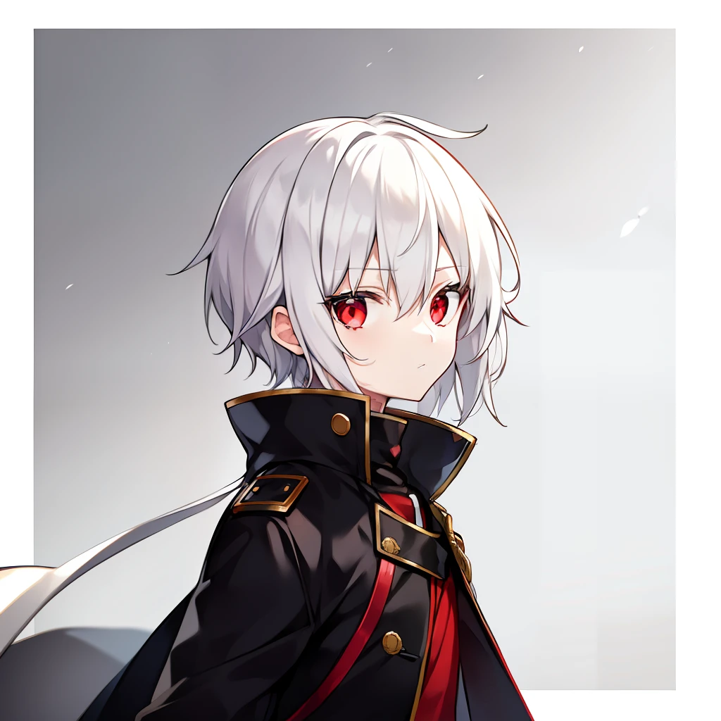 Shota White hair, delicate, red eyes, black trench coat