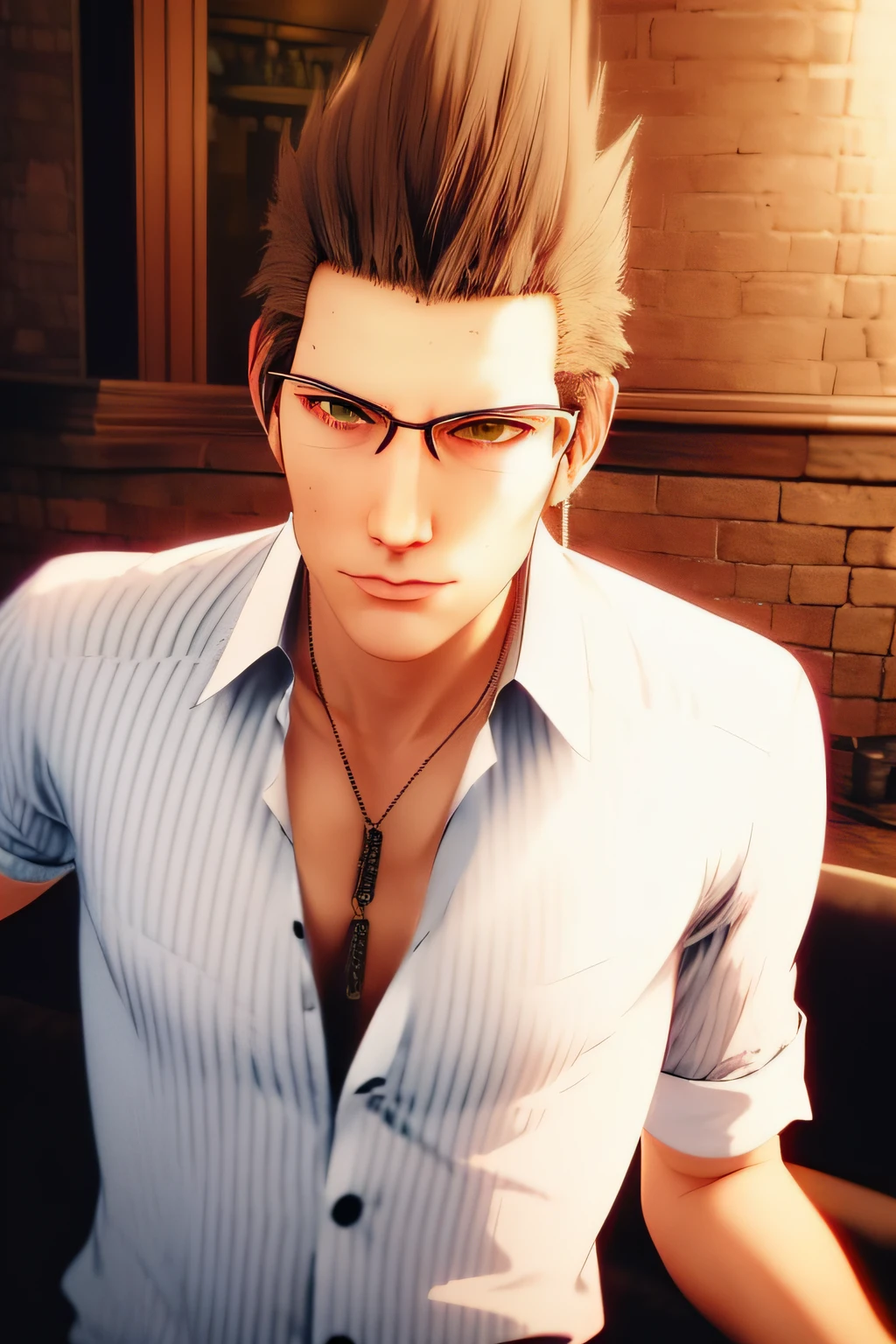 close-up of a man wearing a shirt and glasses, Finale style + Fantasy + 1 5, Tsurumaki Kazuya, Square Enix Style of Play, main character, He has a piercing look, From ff7, inspired by Iwao Takamoto, Anime handsome, kentaro miura style, Kakyoin, As a character in Tekken