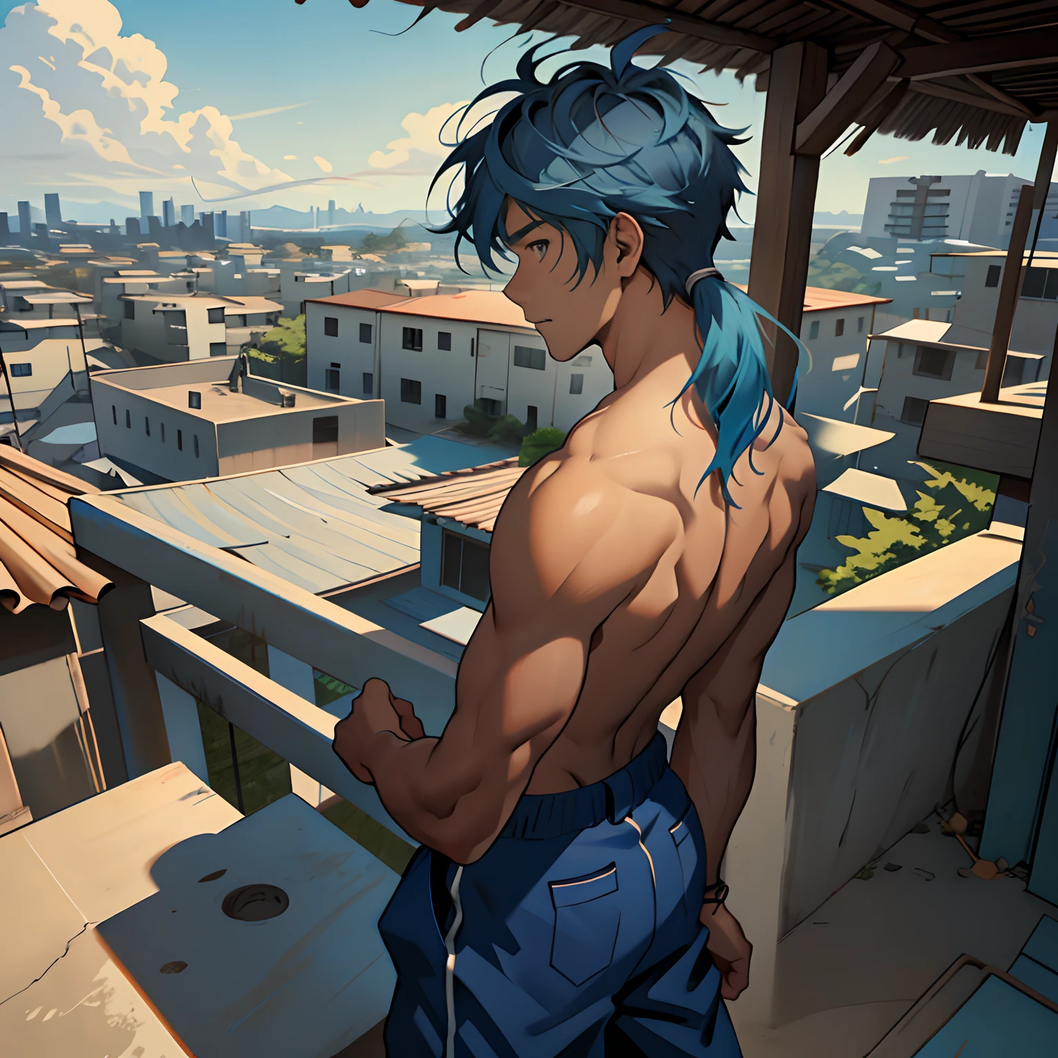 From behind we see a 15-year-old boy, Long blue hair from splendid to the camera standing Shirtless 15-year-old boy looks at a city fence from the top of the school roof Sadly pensive, su cabello es de color azul, lo vemos desde la espalda