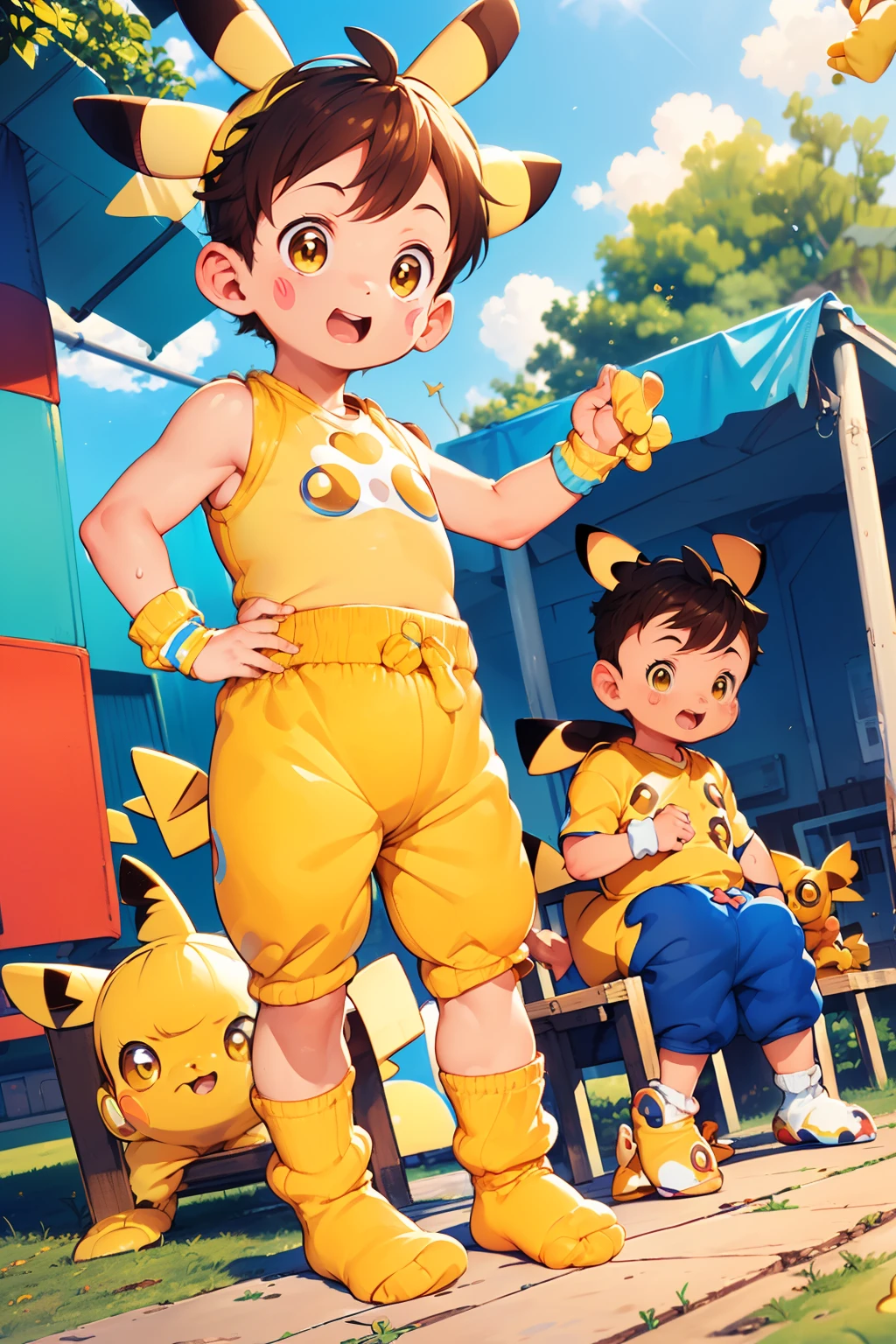 chubby Little boy with golden hair and shiny gold colored eyes and colorful socks wearing a pikachu costume sitting on a bench, young, boy, child, small, toddler, soft light, (socks:1.4), (little boy:1.4), (shota:1.4), (cute:1.4), (small:1.6), (yellow socks:1.8), (pikachu costume:1.8), (sweatpants:1.6),