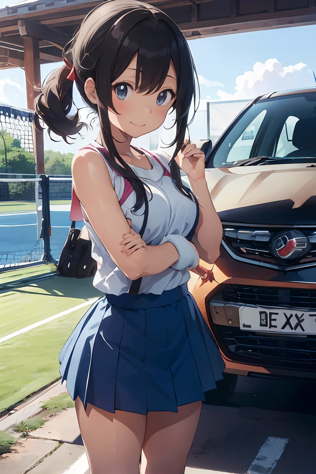 masutepiece, Best Quality, 8K_Wallpaper, (Beautiful eyes), ((Cute)), Cute, (lovely), (Tennis court on a sunny day),1girl in,small tits,1 girl,Standing next to the car,Smile,facial close-up、portlate(((tennis coat)))(((Tennis Wear)))(((Standing next to an anime-like car)))