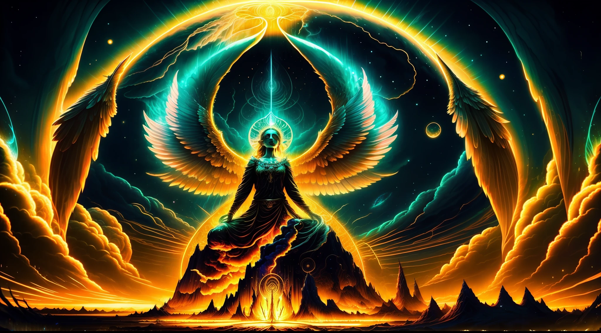 "Divine power emanates from an otherworldly realm, casting a mesmerizing glow over the majestic landscape. The ethereal beauty of celestial beings manifests in their radiant presence, adorned with shimmering garments and golden halos. Bask in the surreal harmony of divine intervention and witness the awe-inspiring wonders unfold before your eyes."