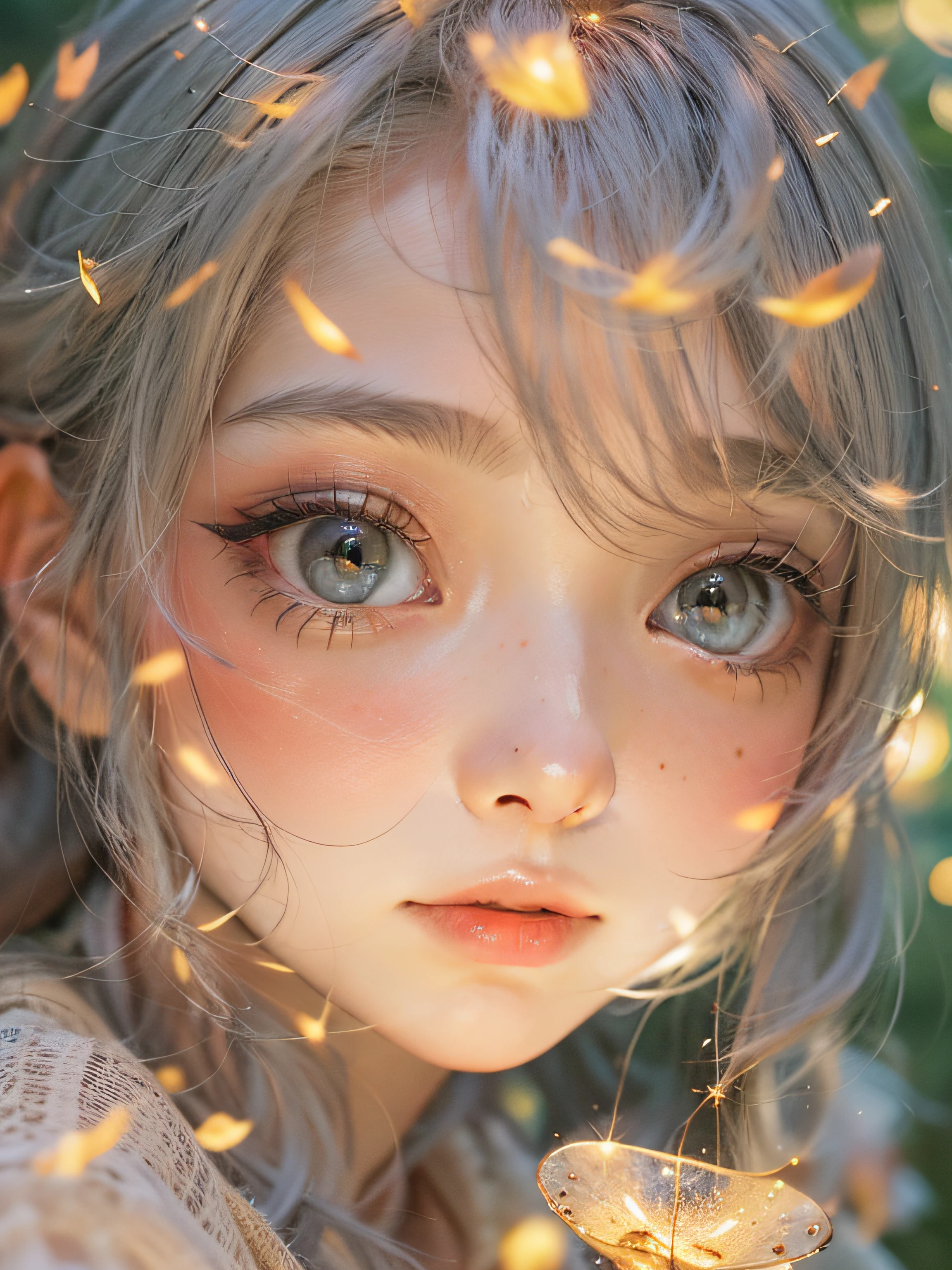 bit girl,There are large tracts of fireflies,Summer is coming to an end,On the lawn,evening light,Skysky,Faraway view,Hand detail,detail in face,plethora of colors