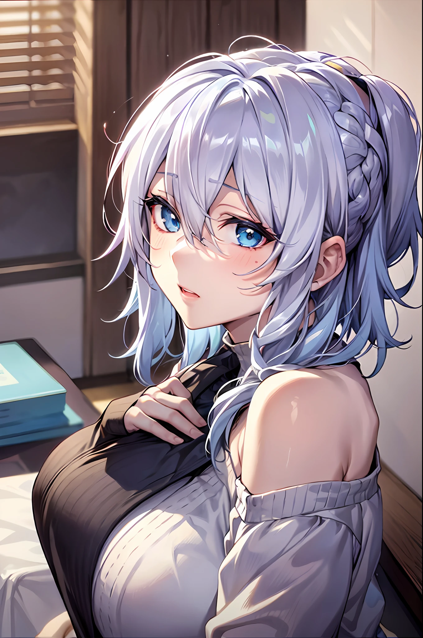 Yukino, in bed, silver hair and  blue eyes, light shirt and no bra, anime visual of a cute girl, screenshot from the anime film, & her expression is solemn, in the anime film, in an anime, anime visual of a young woman, she has a cute expressive face, still from anime, big breast, red cheek, lustful face, fair skin