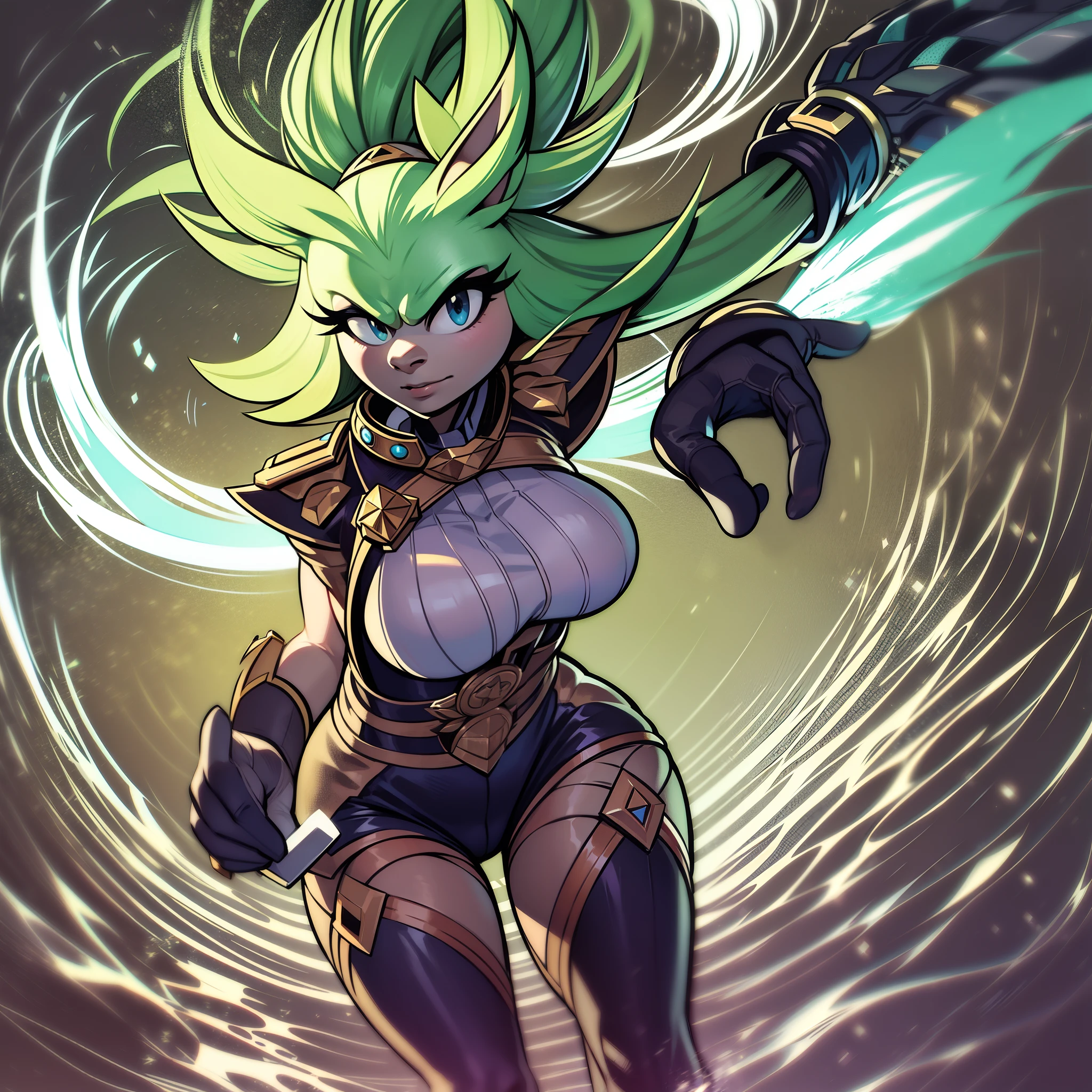Aurora's skin is a light purple hue, with a soft and radiant hue. Its complete artistic design is composed of a slender and athletic body, with well-defined muscles. Her hair is short and messy, in a shade of bright electric blue that seems to radiate energy. She has a side bangs that fall slightly over one eye, giving a mysterious look to her look. Aurora wears a sturdy, fitted jacket of dark gray color with blue accents, representing her connection to electricity. She wears black combat gloves and boots, which provide stamina and mobility during her high-speed stunts. Aurora also carries an electronic device on her wrist, which amplifies her electrical abilities and allows her to manipulate energy currents with greater precision.

Aurora the Blitz is a unique character with an enigmatic personality and a powerful story. She stands out as a force for good in her reality, fighting the dark forces that threaten peace and freedom.