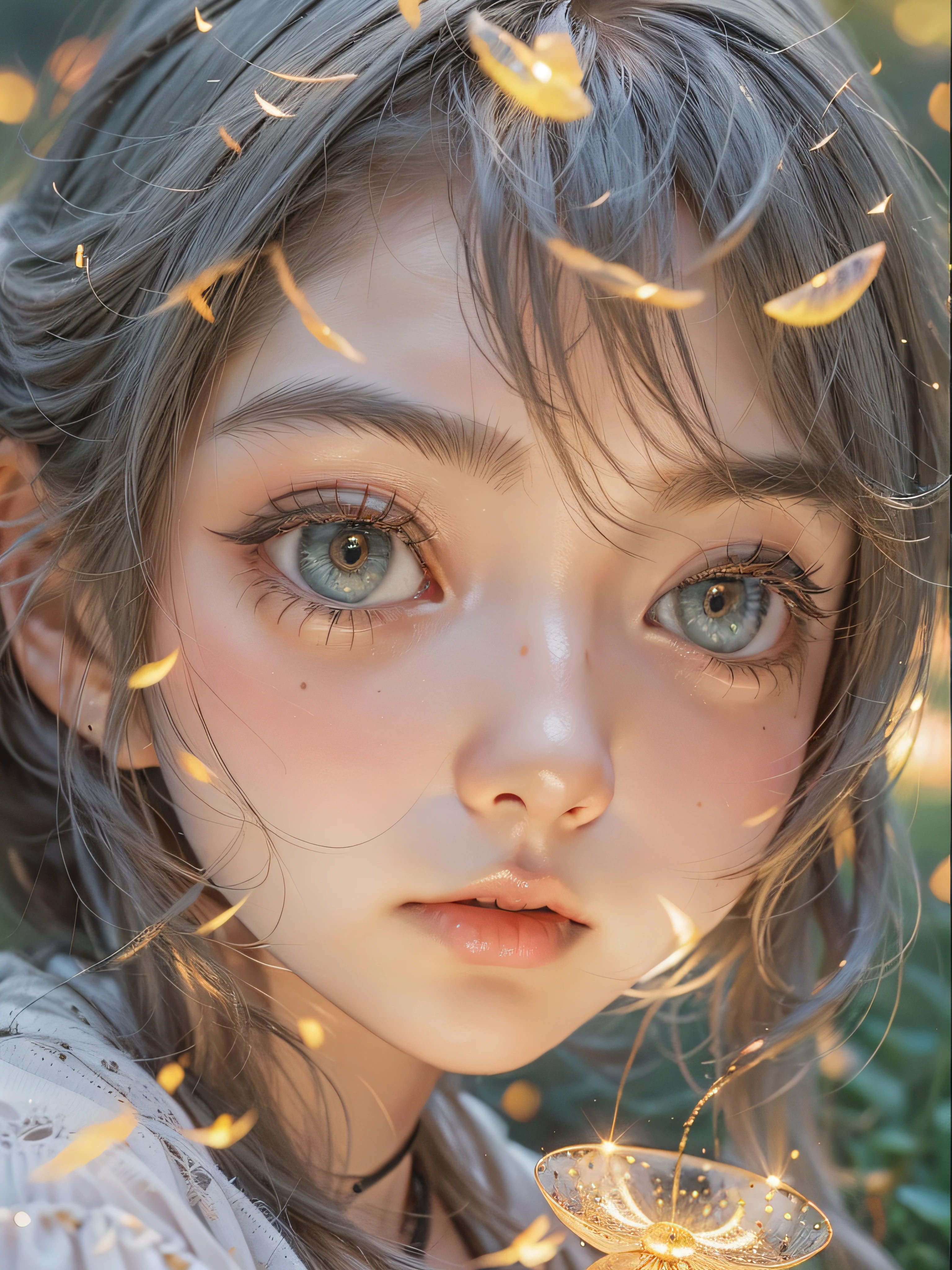 bit girl,There are large tracts of fireflies,Summer is coming to an end,On the lawn,evening light,Skysky,Faraway view,Hand detail,detail in face,plethora of colors