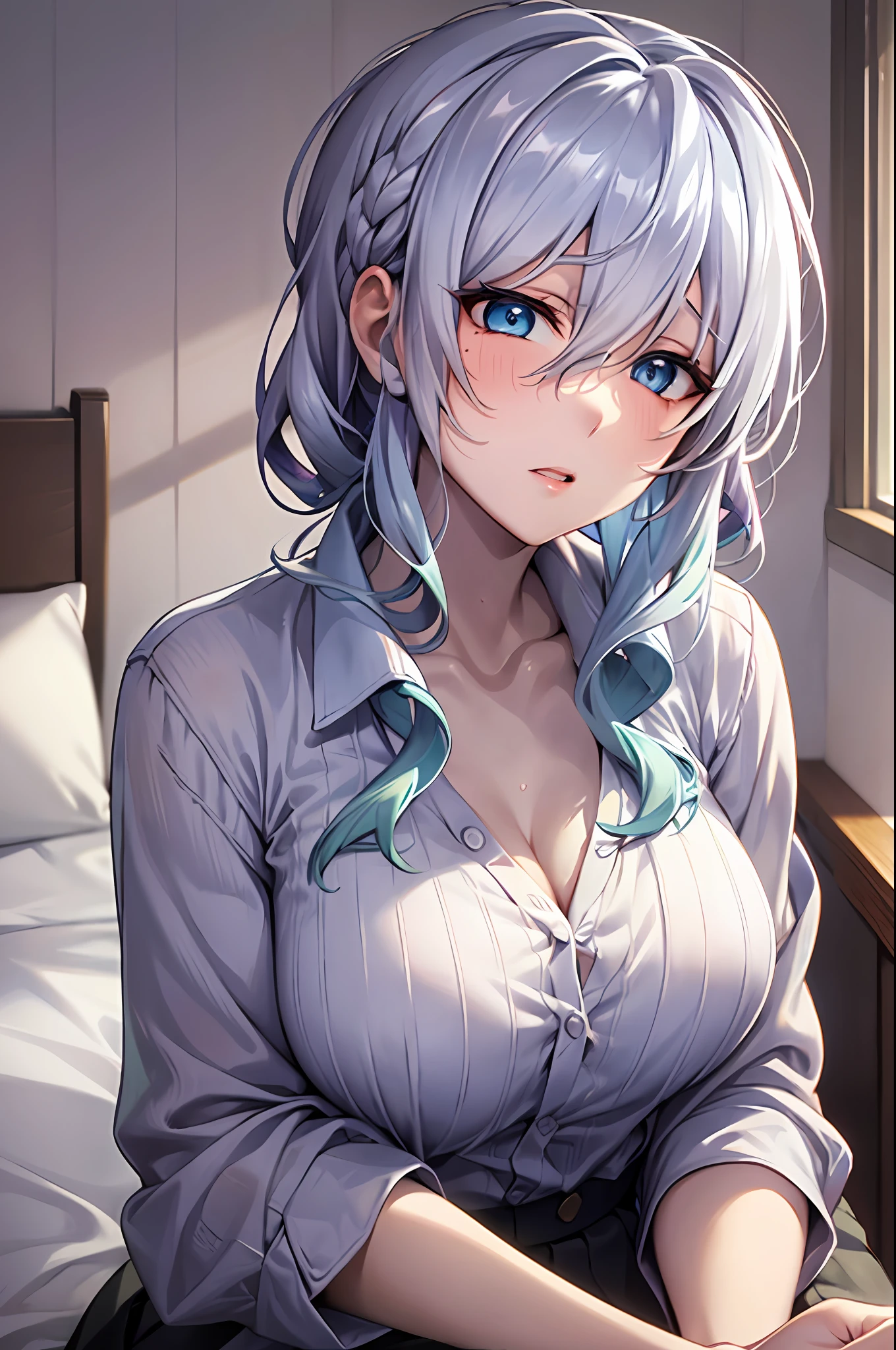 Yukino, in bed, silver hair and  blue eyes, light shirt and no bra, anime visual of a cute girl, screenshot from the anime film, & her expression is solemn, in the anime film, in an anime, anime visual of a young woman, she has a cute expressive face, still from anime, big breast, red cheek, lustful face, fair skin