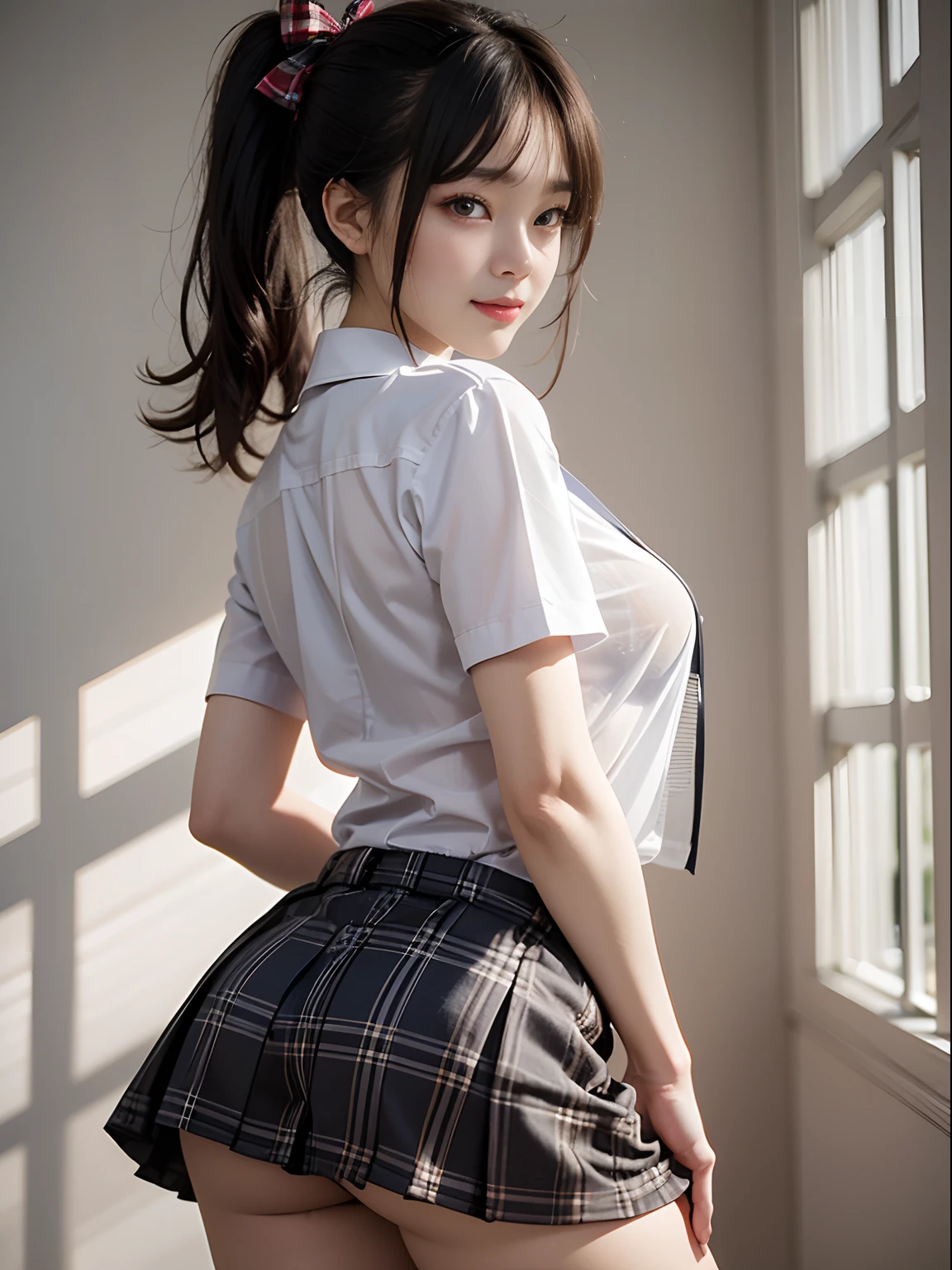 (NSFW:1.3), masterpiece, top-quality, The ultra -The high-definition, Top resolution, ighly detailed, profetional lighting、pretty skin、A slender, a very cute, Young Face,(k pop),Taiwanese women、 rather large breasts、1girl in、 red blush, the bow, breastsout, embarrassed from, Light brown ponytail, (Place your hand on the front wall)、(photographed from the back)、(Retrospective viewers), Sheer uniform、(naked shirts), Little Devilish Smile, see -through, white shirt, Real schoolgirl plaid mini skirt、(No pants)、独奏, is standing, Raise one leg、Drops of sweat, up shirt、