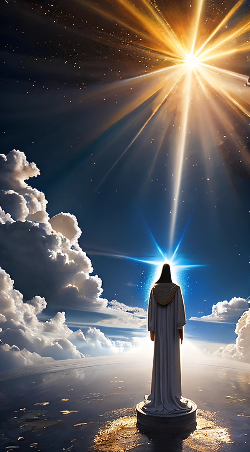 super high res, melhor qualidade, foto, 16k, (fotorrealista: 1.2), cinematic lighthing,  jesus cristo .  envolto por uma aura radiante. Seat them on a magnificent throne within a cosmic backdrop, em mantos brancos brilhantes e flutuantes no trono de cristal, flutuando sobre nuvens de cristal, cercado pelos esplendores do universo. Pay meticulous attention to stunning details and achieve a resolution of 64K for an immersive and realistic visual experience. Let your work capture the essence of myth and wonder, deixando os espectadores maravilhados com sua beleza e poder.