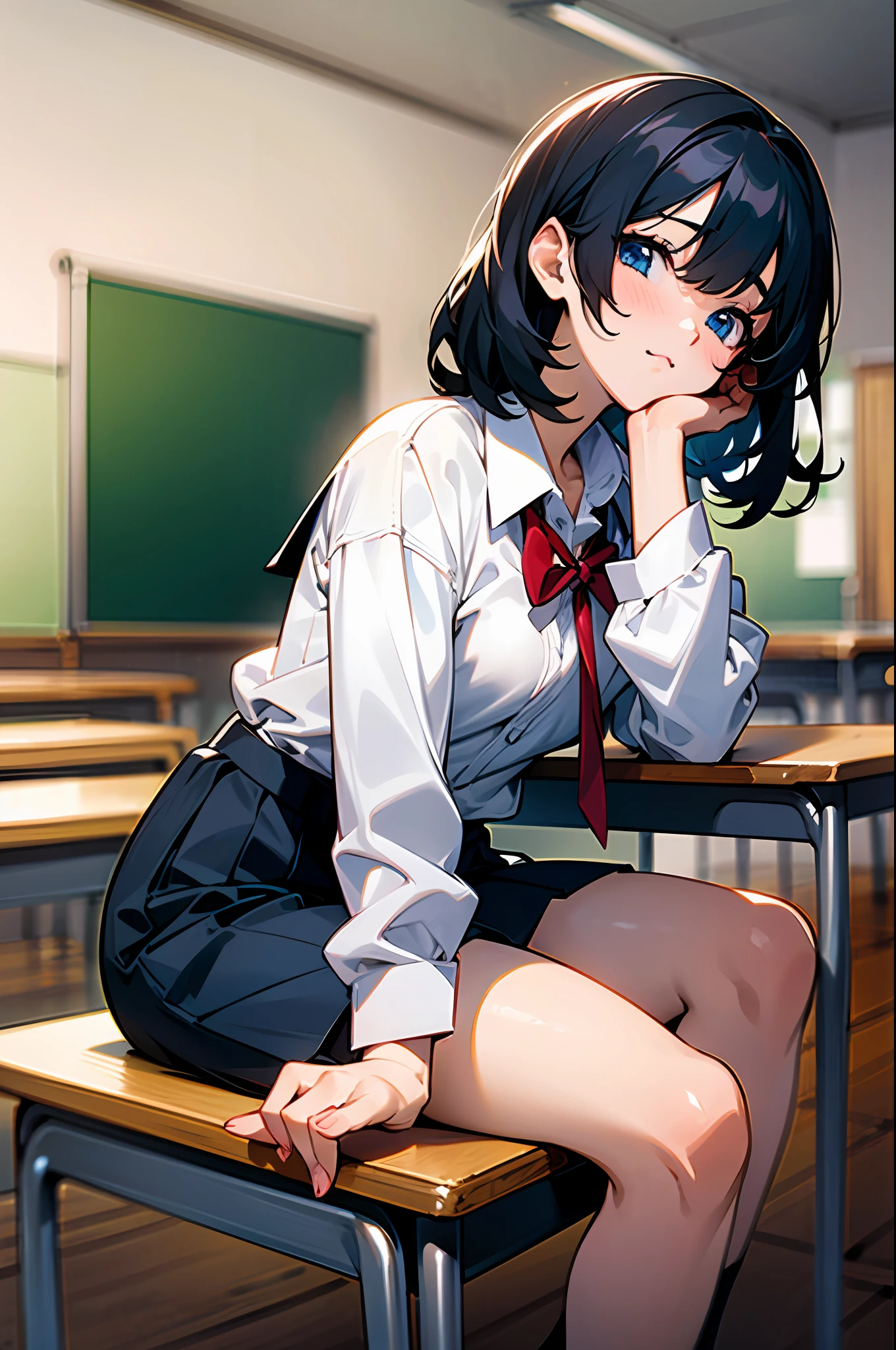 Anime girl with black hair and blue eyes, wearing school uniform, unzipping shirt, sitting on table, classroom, green board, lesson, midnight, cute face, ultrasharp, 8k, masterpiece, full body, without shoes