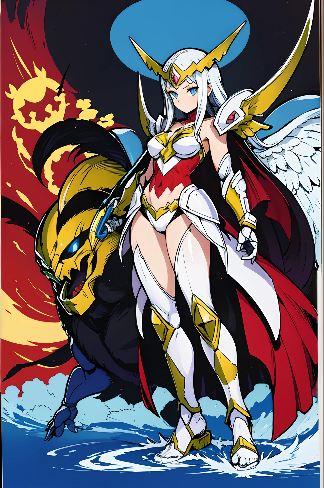 barbarian, digimon, insect angel with full armor, guyver, sentai, female robot, organic body ,flipflops