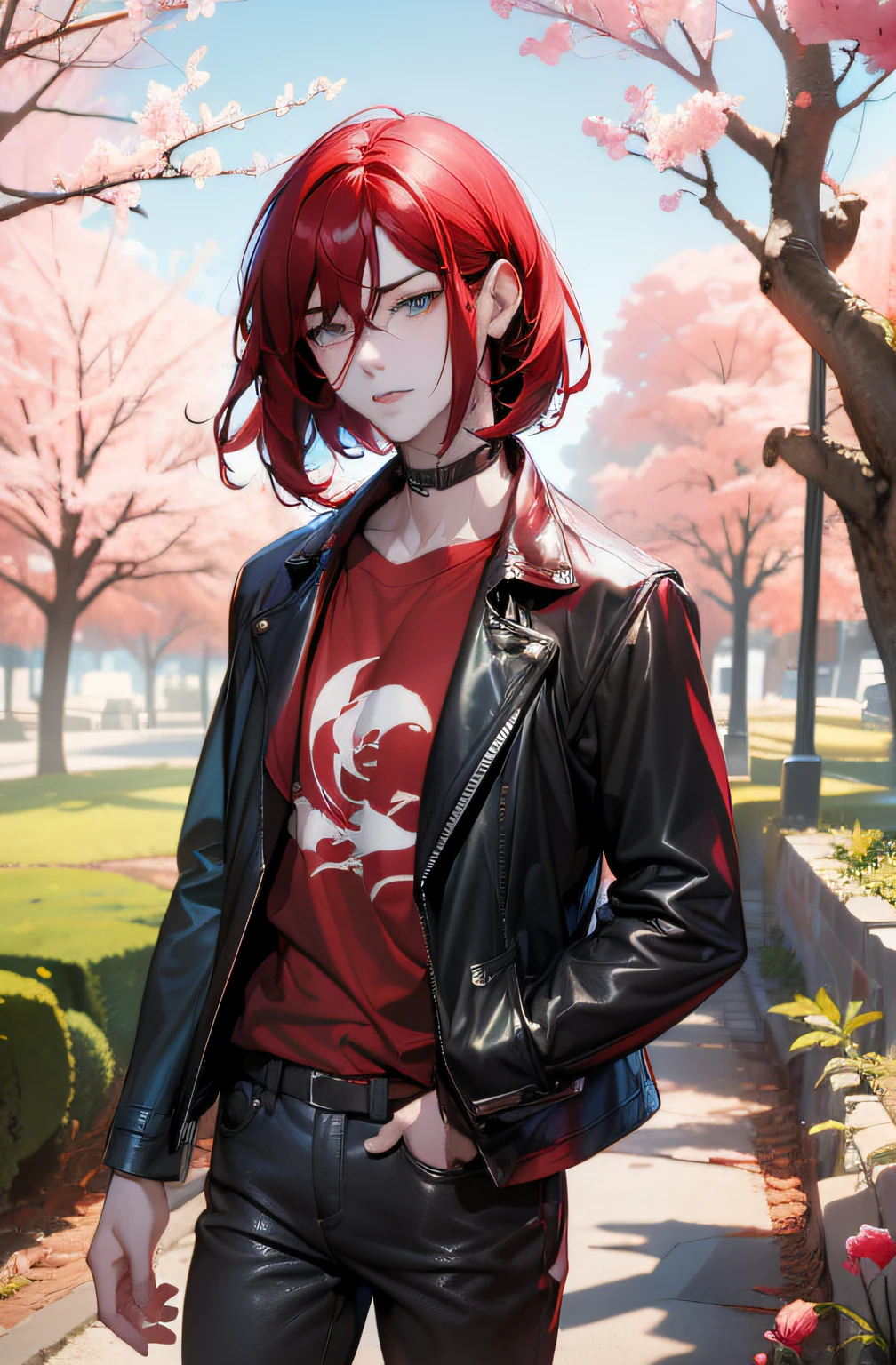 1 boy, 独奏, Castiel, red hair, shoulder-length hair, gray eyes, black leather jacket, black jeans, red t-shirt, Bob hairstyle, jour, date, Pink lighting, Sakura, woods