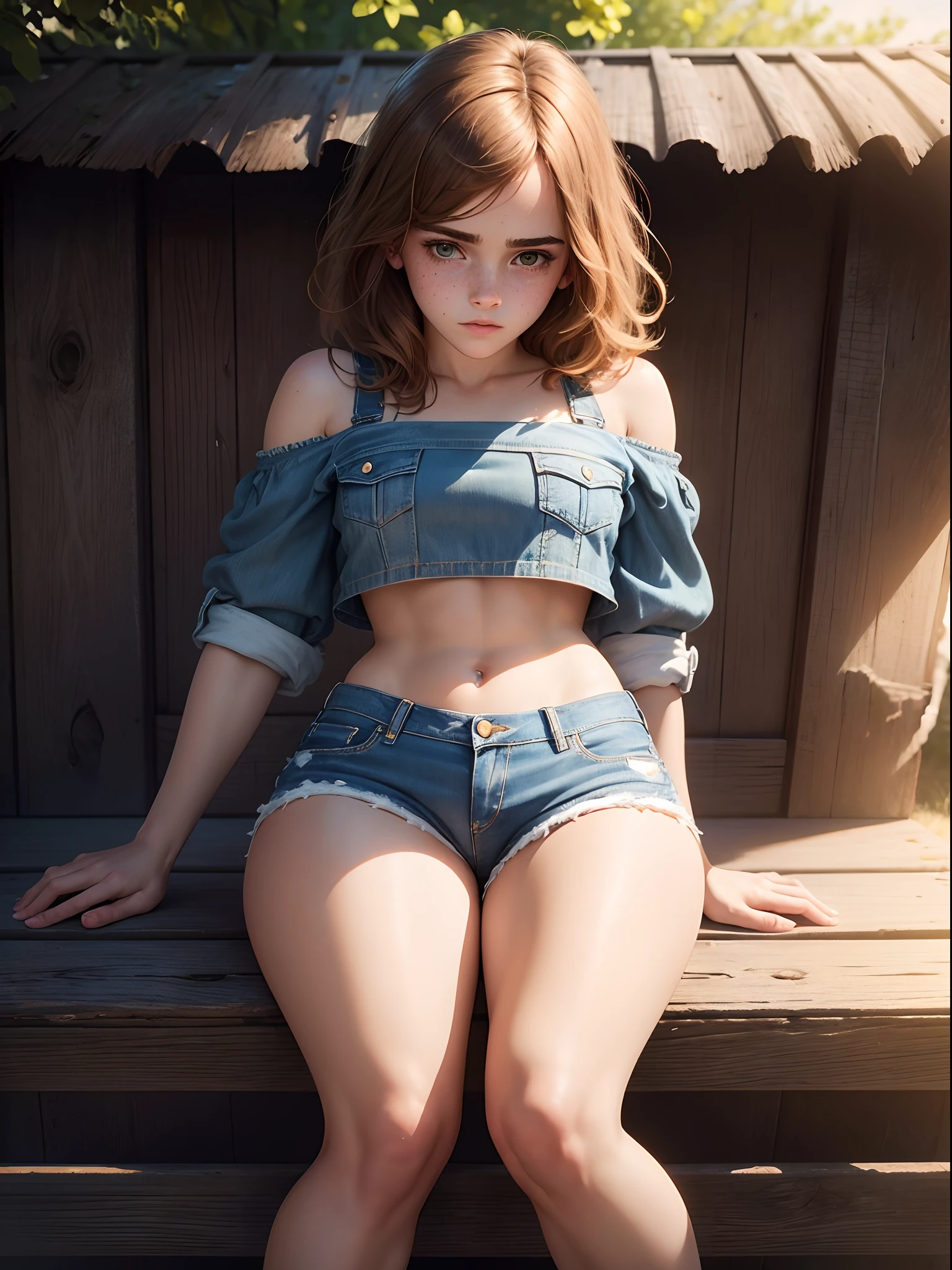 from below. masterpiece. highly detailed. A beautiful Emma Watson as a cowgirl posing in a tight denim shorts, crop top. freckles. pìgtails. She is sitting on a fence outside a barn. sparkly hair. shiny skin.