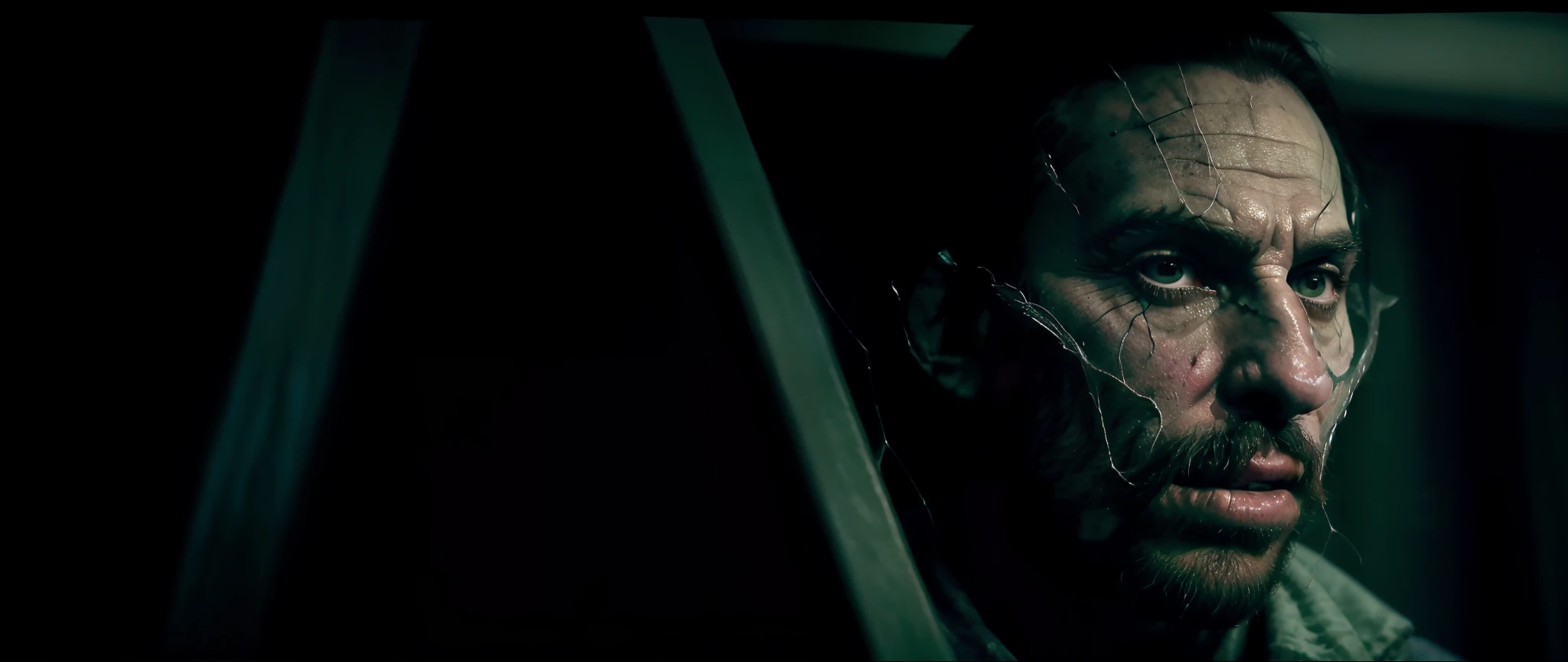 a close up of a person with a beard and a face, screenshot from morbius (2022), ominous creature hiding detailed, movie screen shot, spooky netflix still shot, movie scene close up, youtube video screenshot, dark eerie movie frame, scary creatures in background, cobwebs and , giant spider foreground, inside head cobwebs