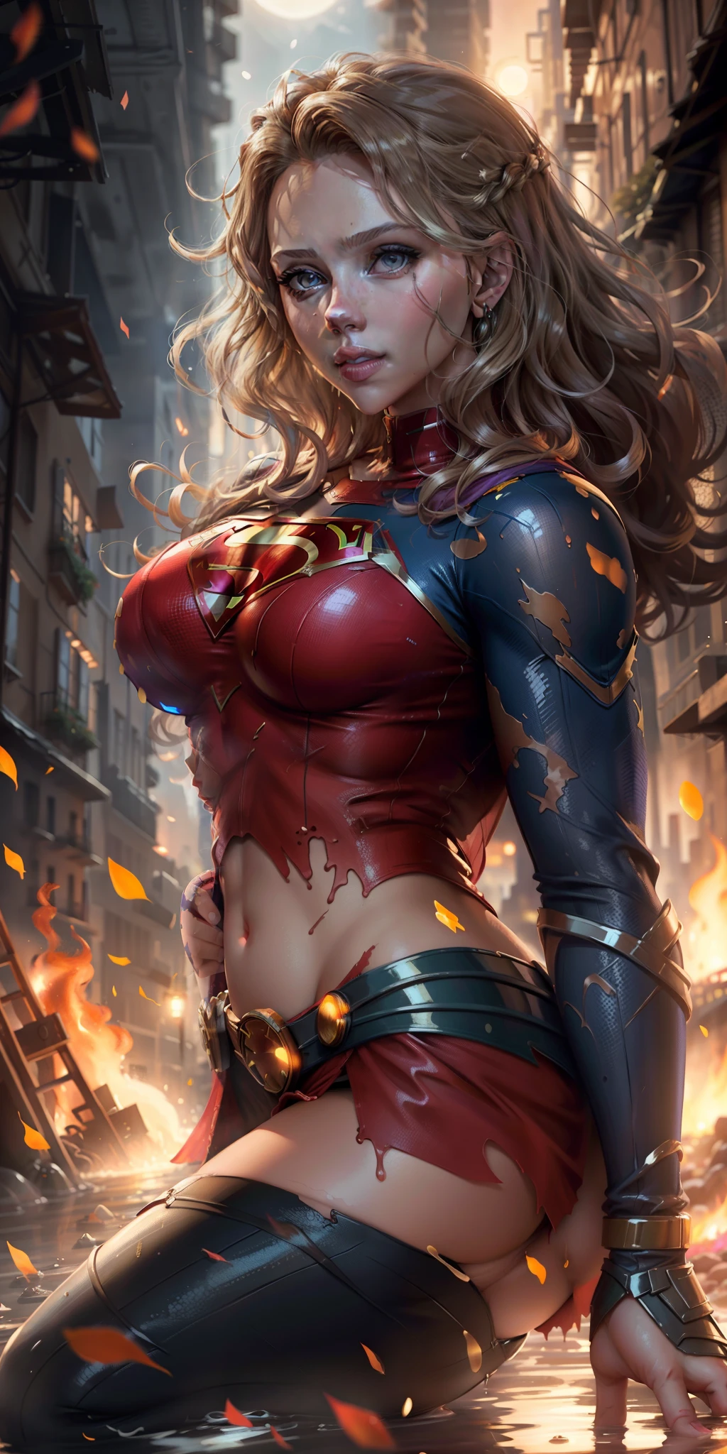 Sign: Hello,female (no ethnicity with long curly hair, brightly detailed face, perfect eyes,face Scarlett Johansson, detailed eyes, sultry smile, ((light eyes))), dressed as Supergirl in a burning city. The moonlight highlights his muscles and scars in bright lights. The scenery is lush and mysterious, avengers,with the city and surroundings destroyed. charming look,(best quality, 8k, masterpiece: 1.3), (full body), real, (muscle: 1.5), high-resolution face, beautiful ,no ethnicity, (Kpop idol), (in a cave), ground, transparent ,transparent,glowing skin,shiny hair,(scenery slime:1.4),(fire:1.3),(torn:1.3),(sfw ),(slime: 1.4),(bright moonlight: 1.3), perfect eyes,I Am Fire, wearing supergirl_cosplay_outfit,beautiful ,art Liam Wong