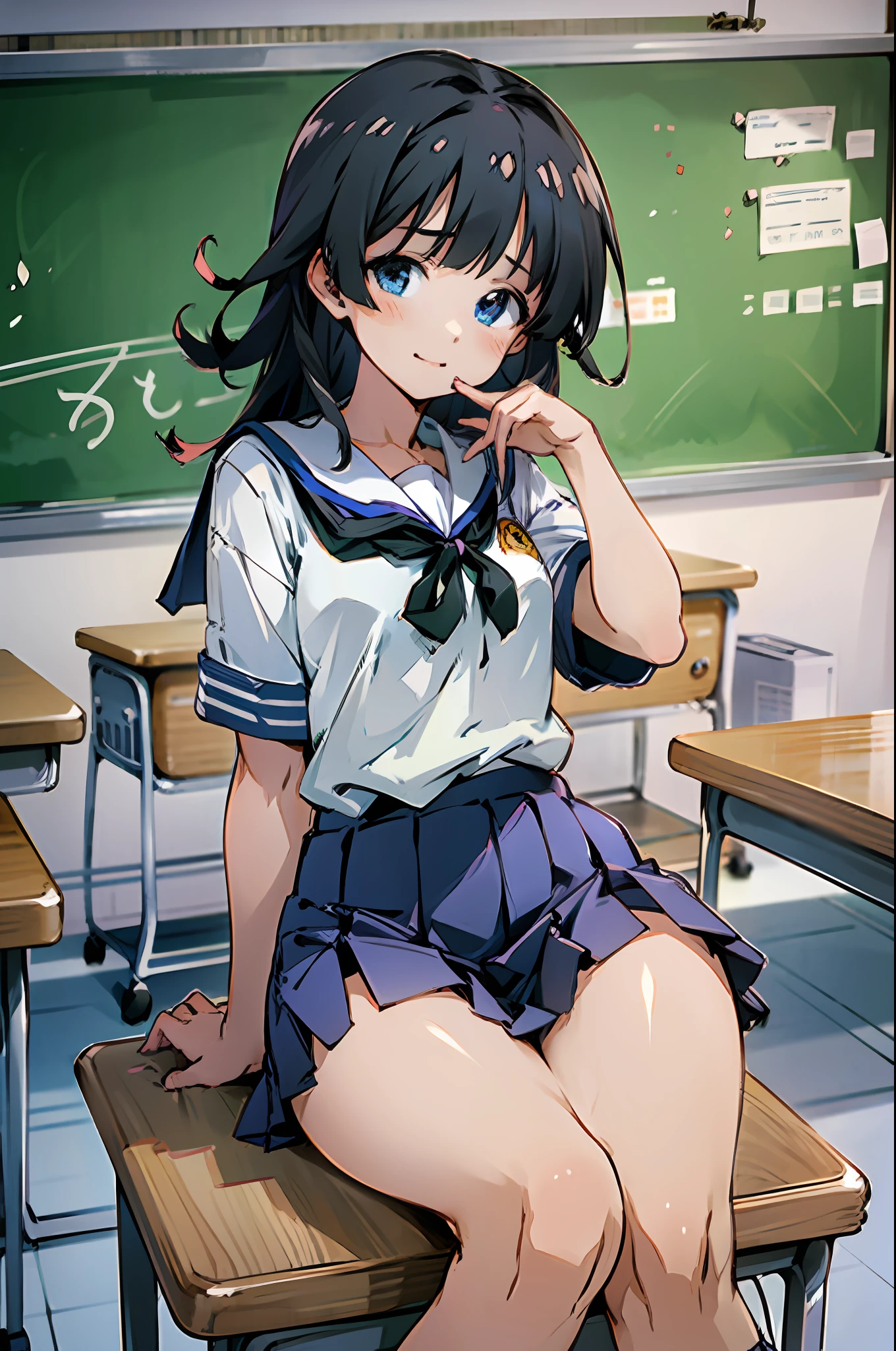 Anime girl with black hair and blue eyes, wearing school uniform, white shirt, sitting on table, classroom, green board, lesson, midnight, cute face, ultrasharp, 8k, masterpiece, full body, without shoes