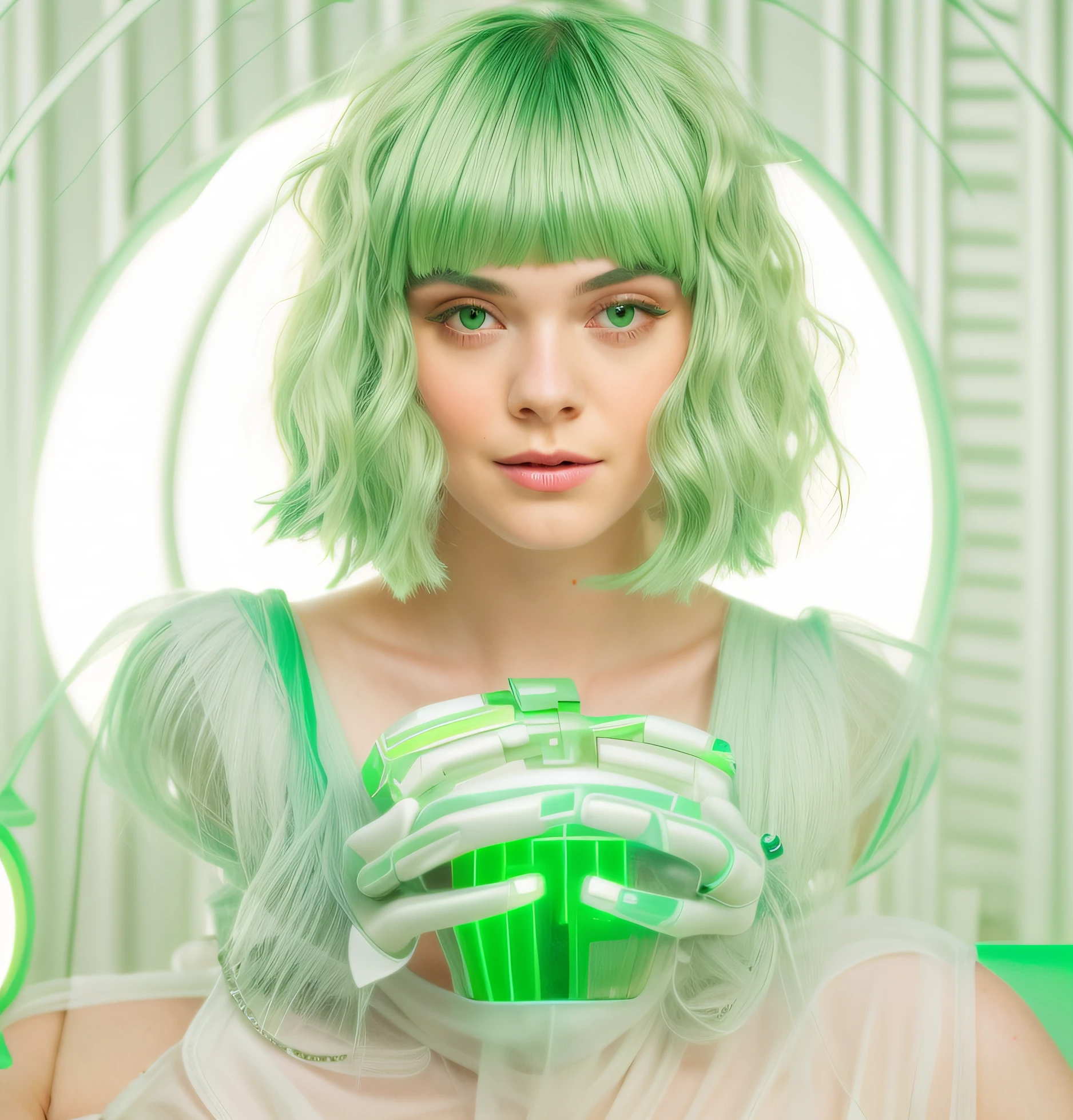 There is a woman with green hair and a bird on her arm, Bobcut verde corto, Elle Fanning como androide, Mod peluca bob verde, Pelo corto y verde, cabello verde, Pale green glow, Tono verde, Aspecto futurista, Sci - Fi Look, Alejandra Fomina, cabello verde brillante, as a retrofuturistic heroine, Verde pastel, futuristic, sci fi style