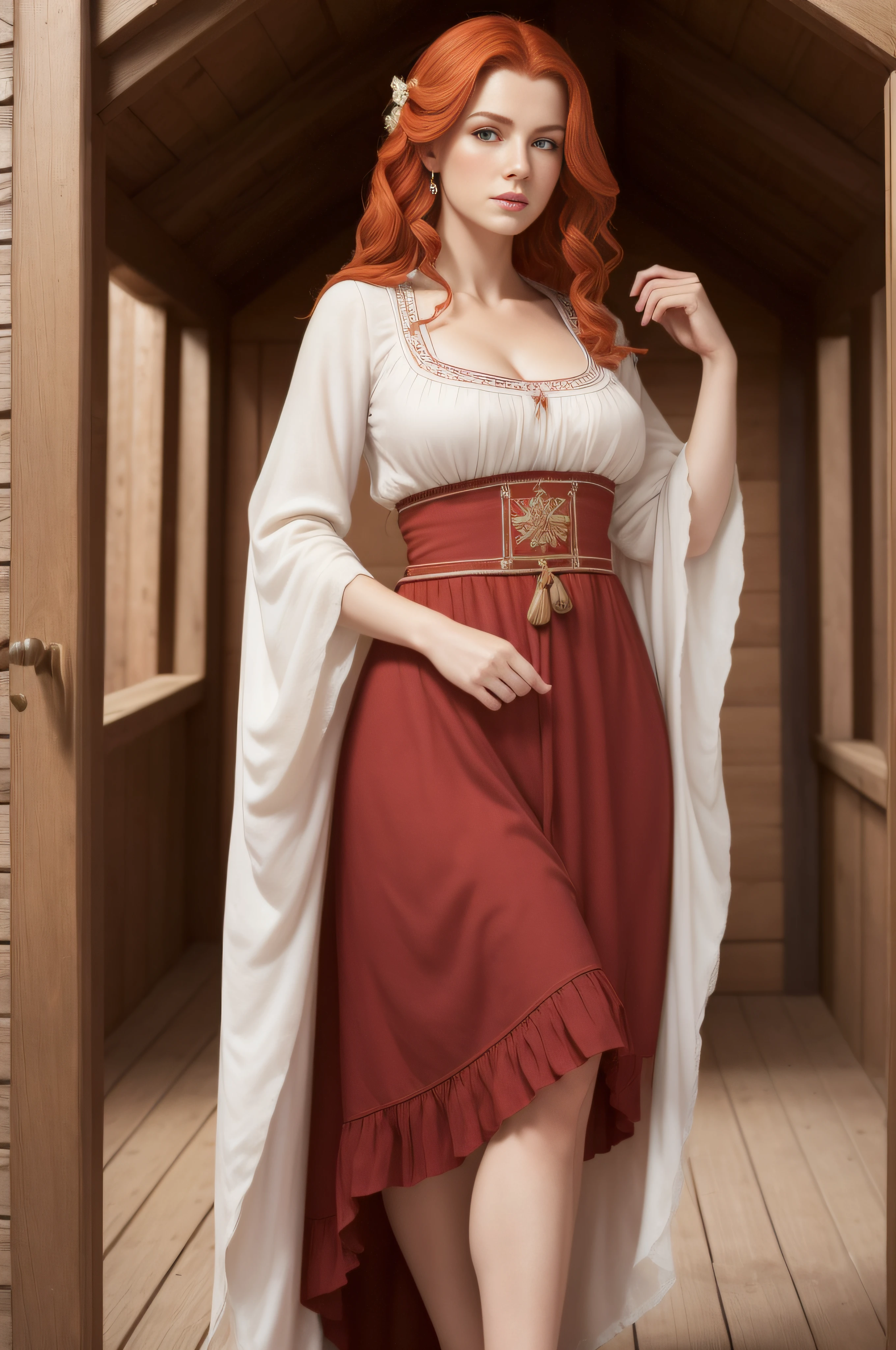 Masterpiece, 8K, wallpapers, (Detailed), ((full - body)), (20th century, 1940) Looks like Triss Merigold, Tall Woman, 28 years old, Russian, Slavic appearance, beautiful slavic european face, beautiful, red hair in different directions, Light white skin, nice size "C" breast, (A affectionate look), (In a Slavic dress), (against the background of the big hut), (hermit), ((high skin detail, skin details)), sharp-focus, 8K UHD, dslr, hiquality, Film grain,