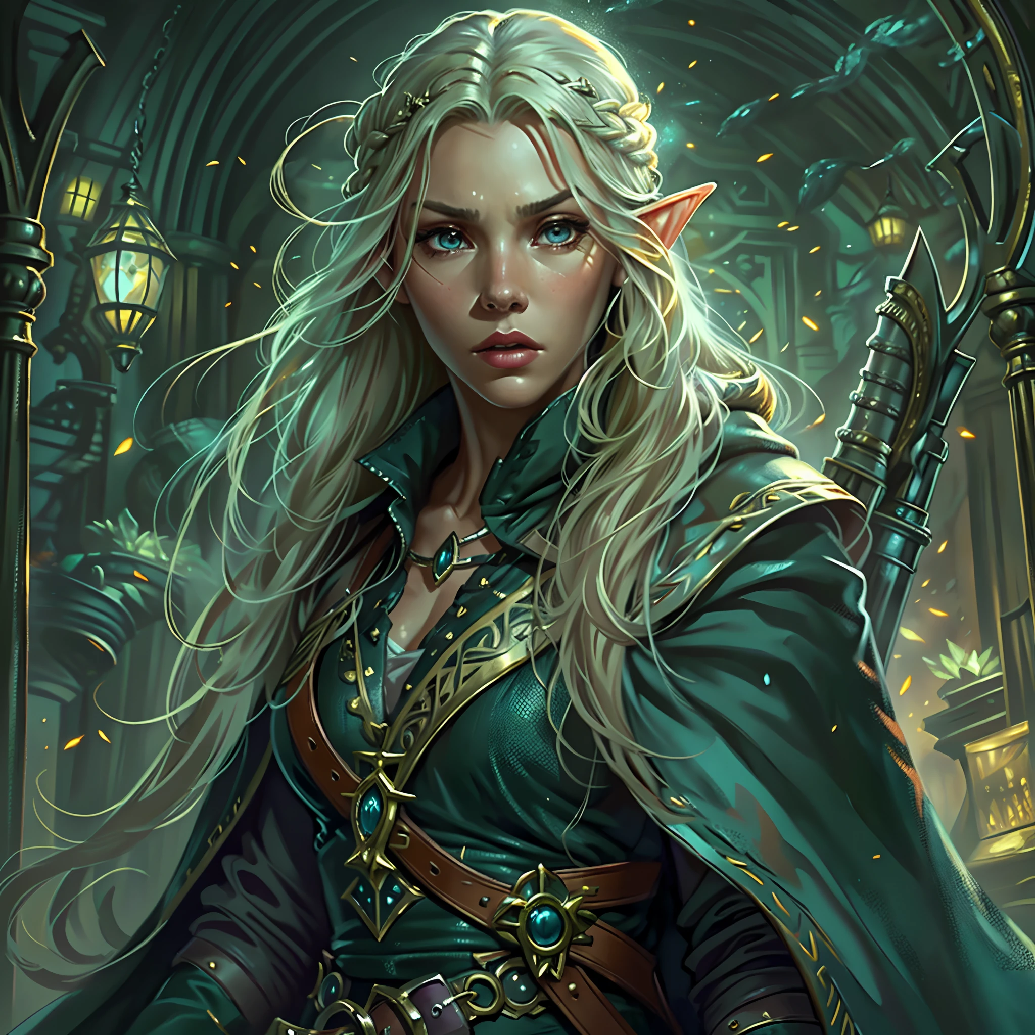 a picture of a female elf (intense details, Masterpiece, best quality: 1.5) fantasy swashbuckler, fantasy fencer, armed with a slim sword, shinning sword, metallic shine, colorful clothes, an ultra wide shot, full body (intense details, Masterpiece, best quality: 1.5)epic beautiful female elf (intense details, Masterpiece, best quality: 1.5), [[anatomically correct]],  rich hair, braided hair, long hair, small pointed ears, fantasy urban street (intense details, Masterpiece, best quality: 1.5),  purple cloak  (intense details, Masterpiece, best quality: 1.5), long cloak (intense details, Masterpiece, best quality: 1.5), elven leather armor (intense details, Masterpiece, best quality: 1.5) sense of daring, sense of adventure, controlling a swirling radiant magic runes (1.5 intricate details, Masterpiece, best quality), manipulating magical runes (intense details, Masterpiece, best quality: 1.5) high details, best quality, 8k, [ultra detailed], masterpiece, best quality, (extremely detailed), dynamic angle, ultra wide shot, photorealistic, RAW, fantasy art, dnd art, fantasy art, realistic art,