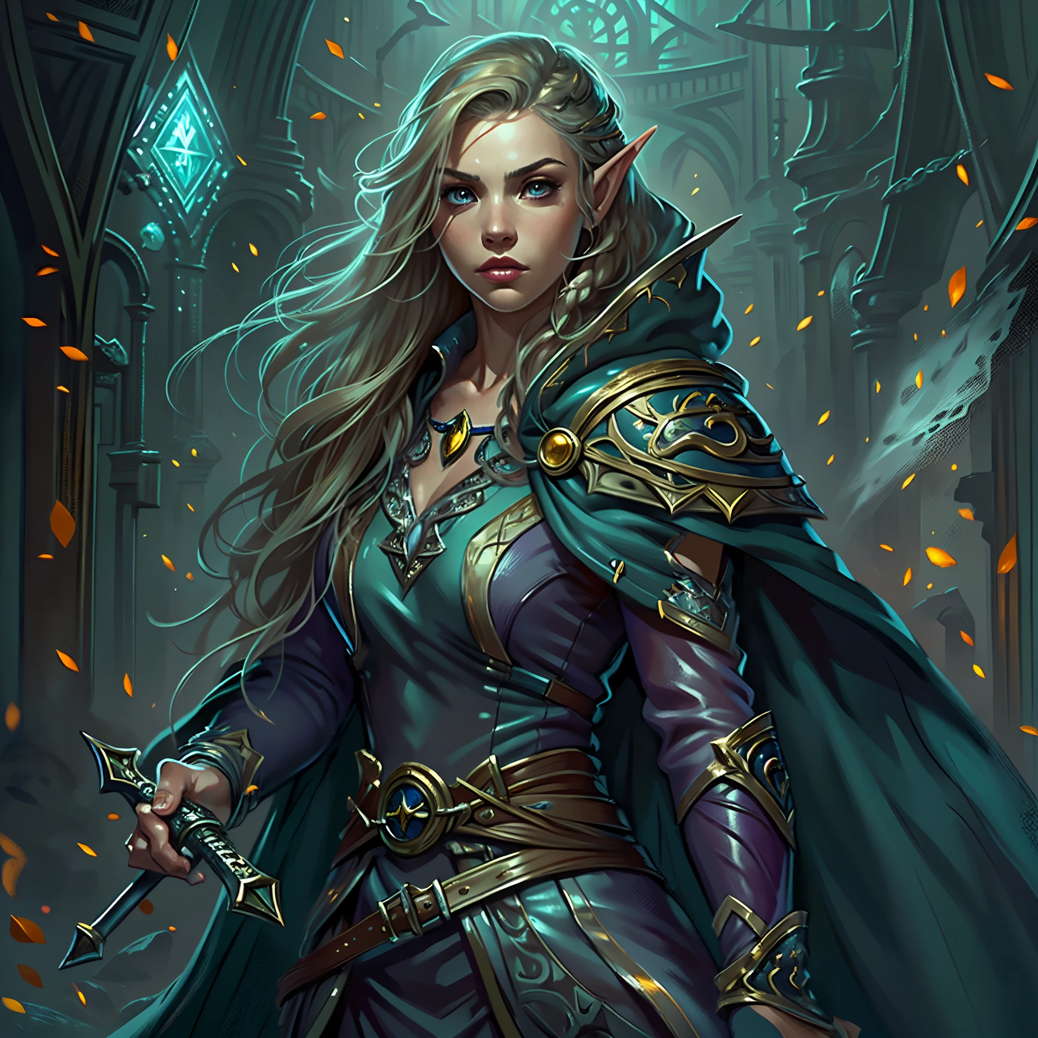 a picture of a female elf (intense details, Masterpiece, best quality: 1.5) fantasy swashbuckler, fantasy fencer, armed with a slim sword, shinning sword, metallic shine, colorful clothes, an ultra wide shot, full body (intense details, Masterpiece, best quality: 1.5)epic beautiful female elf (intense details, Masterpiece, best quality: 1.5), [[anatomically correct]],  rich hair, braided hair, long hair, small pointed ears, fantasy urban street (intense details, Masterpiece, best quality: 1.5),  purple cloak  (intense details, Masterpiece, best quality: 1.5), long cloak (intense details, Masterpiece, best quality: 1.5), elven leather armor (intense details, Masterpiece, best quality: 1.5) sense of daring, sense of adventure, controlling a swirling radiant magic runes (1.5 intricate details, Masterpiece, best quality), manipulating magical runes (intense details, Masterpiece, best quality: 1.5) high details, best quality, 8k, [ultra detailed], masterpiece, best quality, (extremely detailed), dynamic angle, ultra wide shot, photorealistic, RAW, fantasy art, dnd art, fantasy art, realistic art,