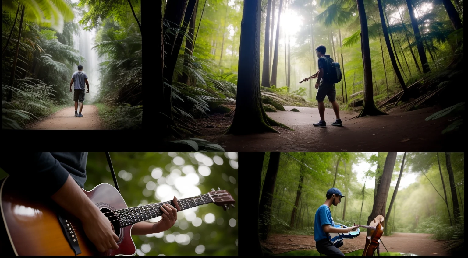 Sequence of short scenes showing the young man playing music, pintando e explorando a natureza.
