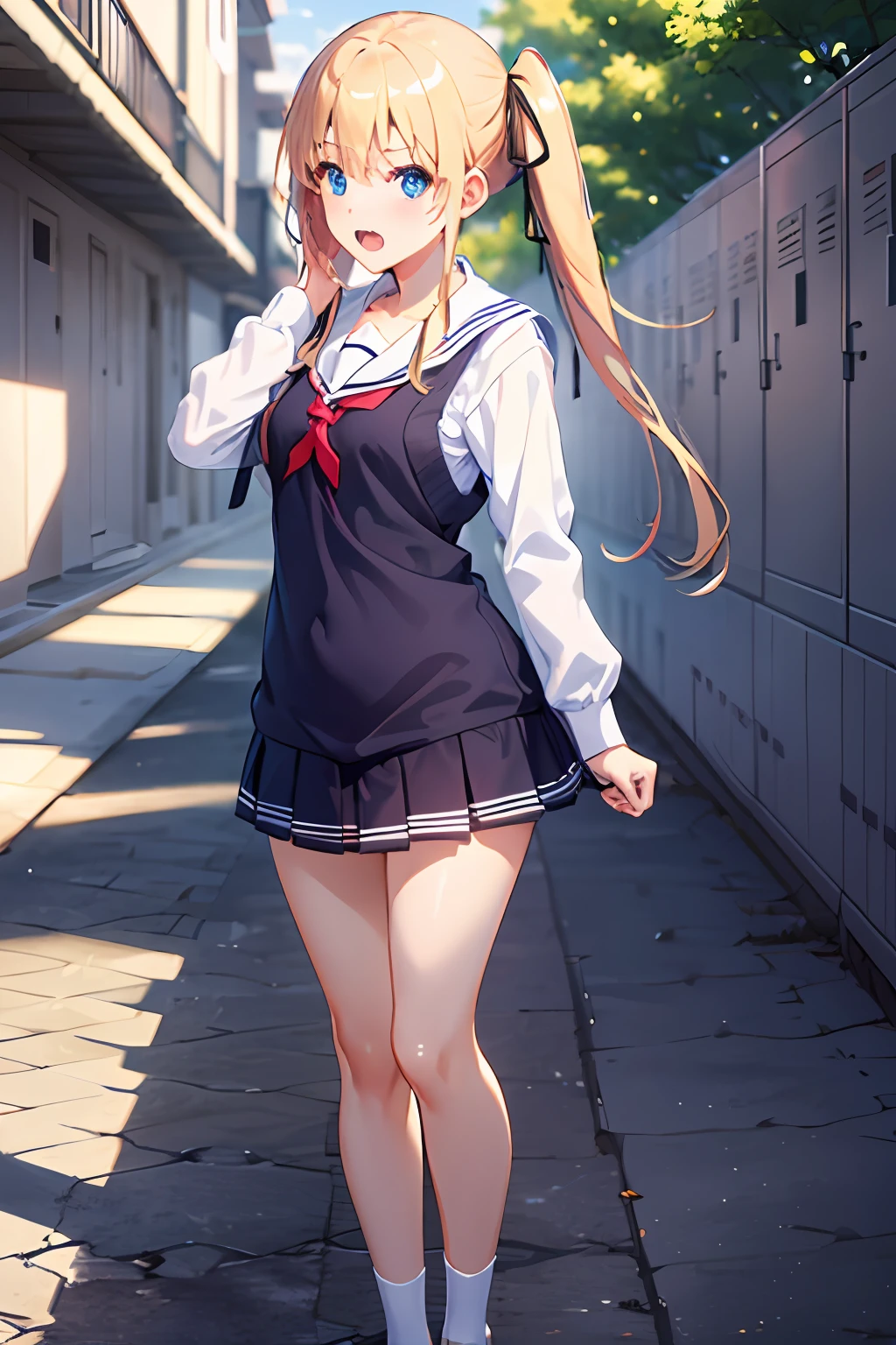 ph_eriri, sawamura spencer eriri, 1girl, blonde hair, blue eyes, school uniform, twintails, solo, fang, long hair, open mouth, hair ribbon, locker, anime coloring, parody, serafuku, blush, upper body, bangs, sweater vest, black ribbon, cloudy sky, sky, trees, full body,
, (masterpiece:1.6, best quality), (finely detailed beautiful eyes: 1.2),full body