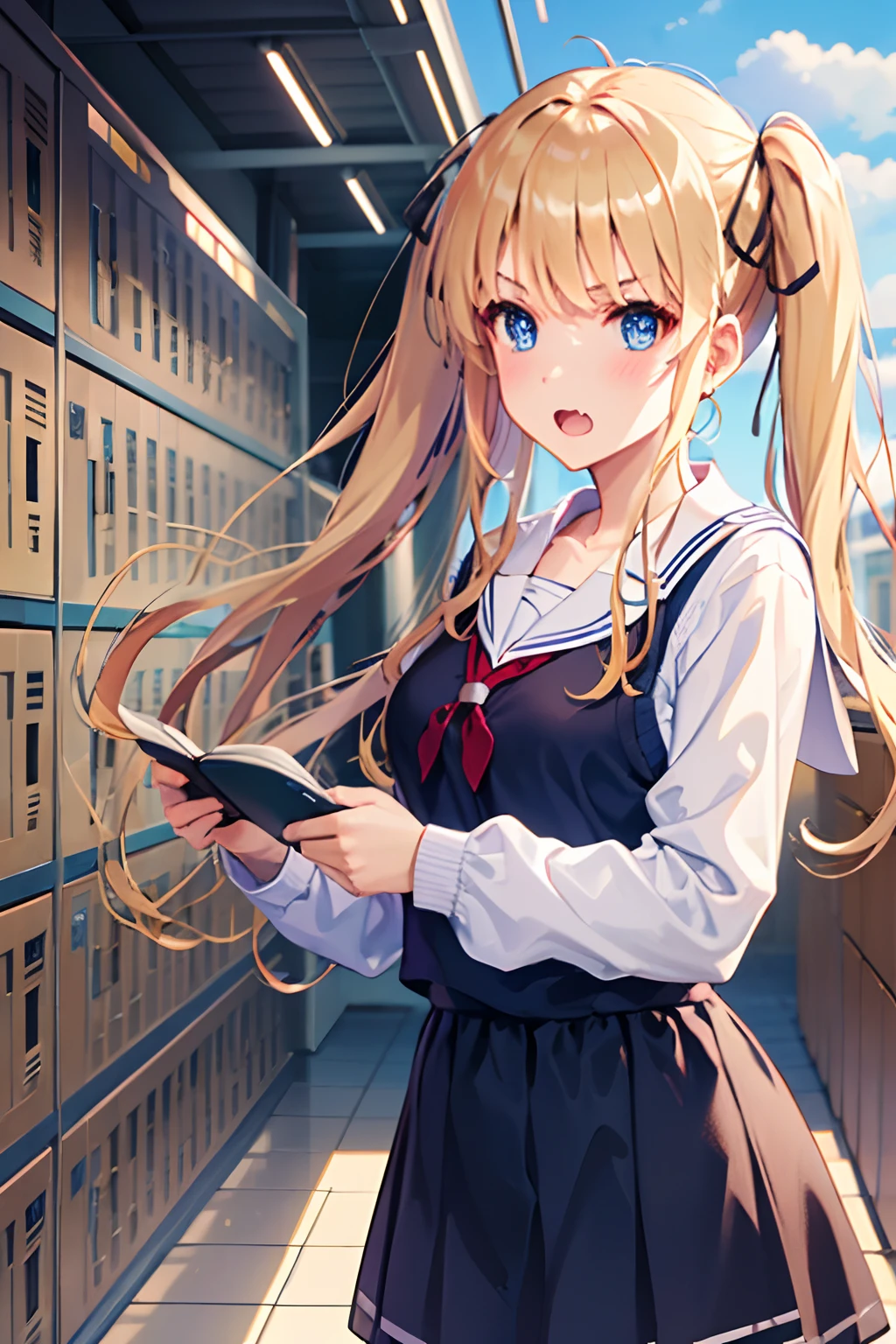 ph_eriri, sawamura spencer eriri, 1girl, blonde hair, blue eyes, school uniform, twintails, solo, fang, long hair, open mouth, hair ribbon, locker, anime coloring, parody, serafuku, blush, upper body, bangs, sweater vest, black ribbon, cloudy sky, sky, trees, full body,
, (masterpiece:1.6, best quality), (finely detailed beautiful eyes: 1.2),full body